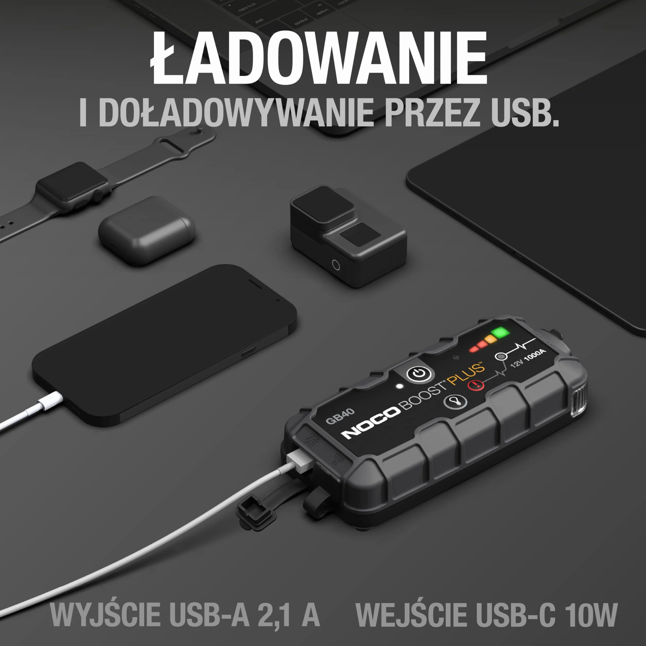 NOCO Boost Plus GB40 1000A 12V UltraSafe litowy urządzenie rozruchowe, booster do akumulatora I kable rozruchowe do 6,0-litrowych silników benzynowych i 3,0-litrowych silników wysokoprężnych