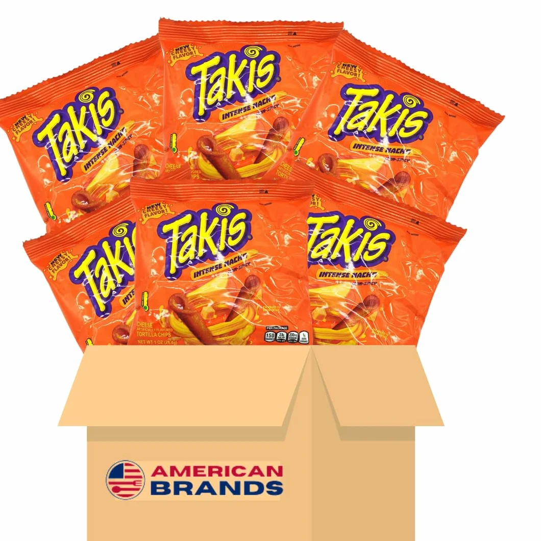Takis Intense Nacho Chips BOX 5x28,4 - Chrupiące bułki kukurydziane o smaku sera, pikantne przekąski