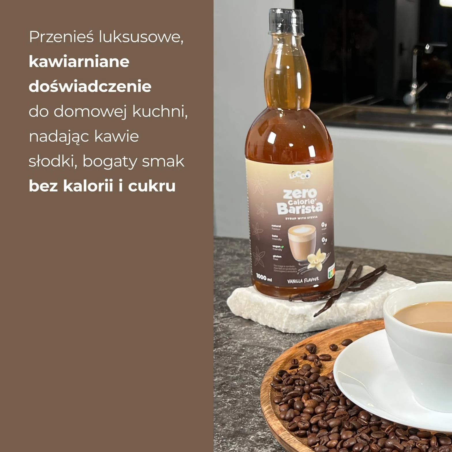 LoCCo Bezkaloryczny Syrop Barista do Kawy ze Stewią – Zero Kalorii, Bez Cukru, Keto, Bezglutenowy, Wegański (Smak Waniliowy) 1L