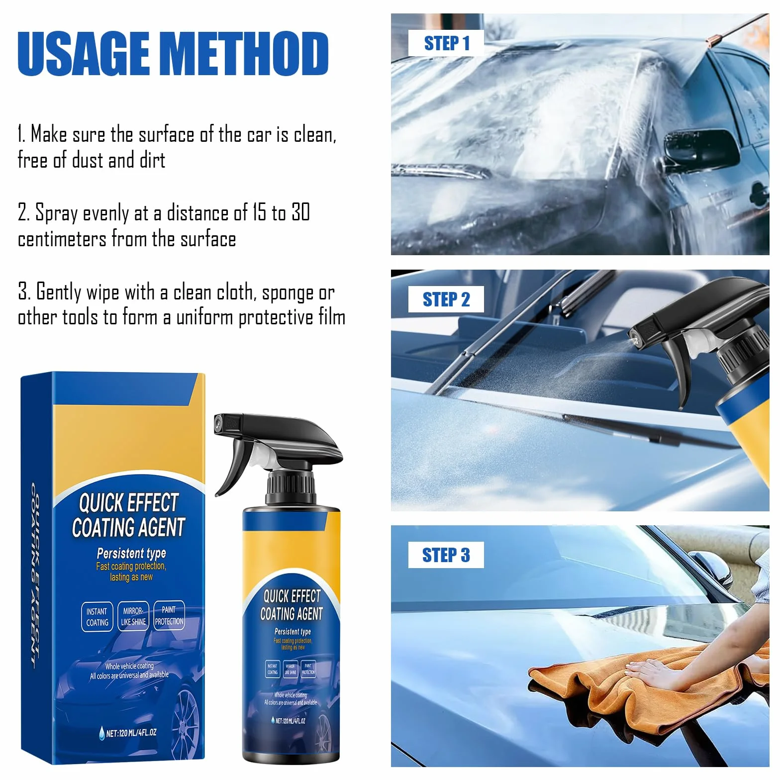 Quick Effect Coating Agent for Car, środek do szybkiego działania, 3 sztuki lakieru samochodowego, odporny na działanie wody, olejoodporny
