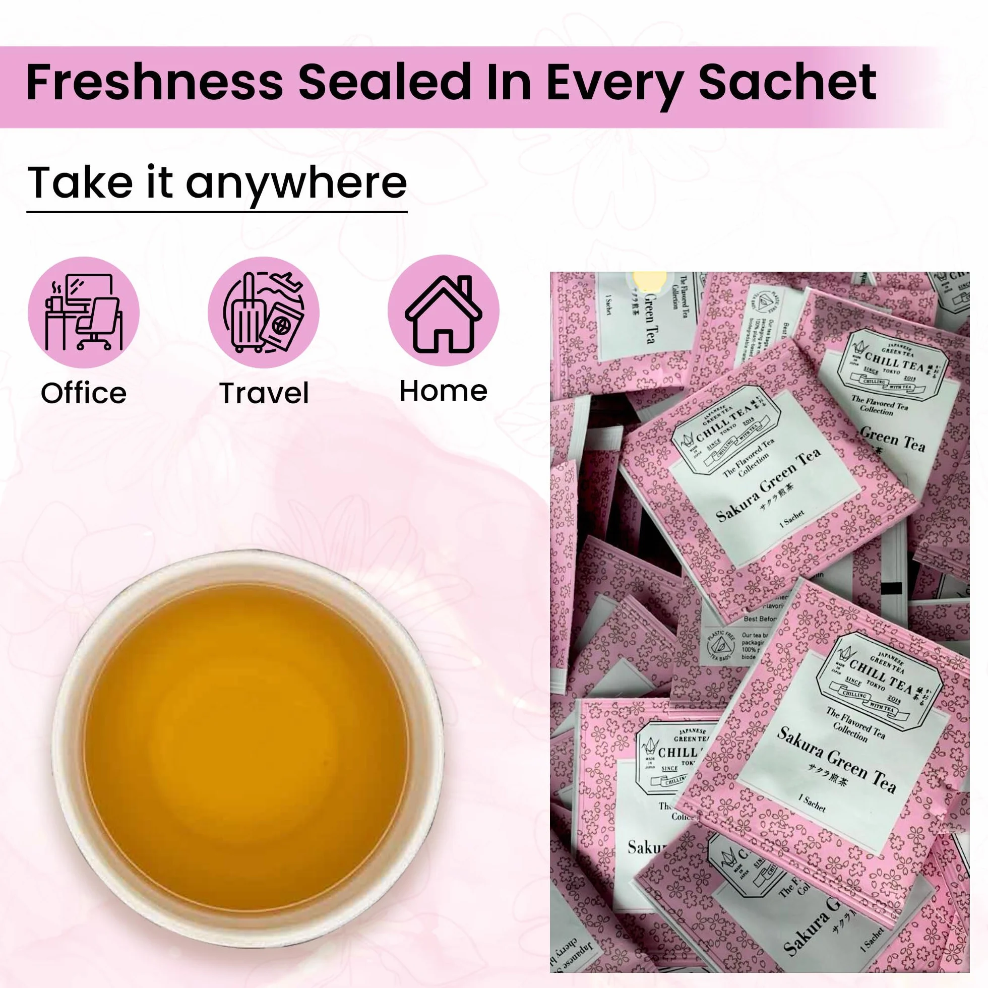 Herbata wiśniowa Sakura od CHILL TEA Tokio - 100% japońska herbata z kwiatów wiśni - bez plastikowych torebek - Pełny, owocowy, kwiatowy smak (8 torebek)