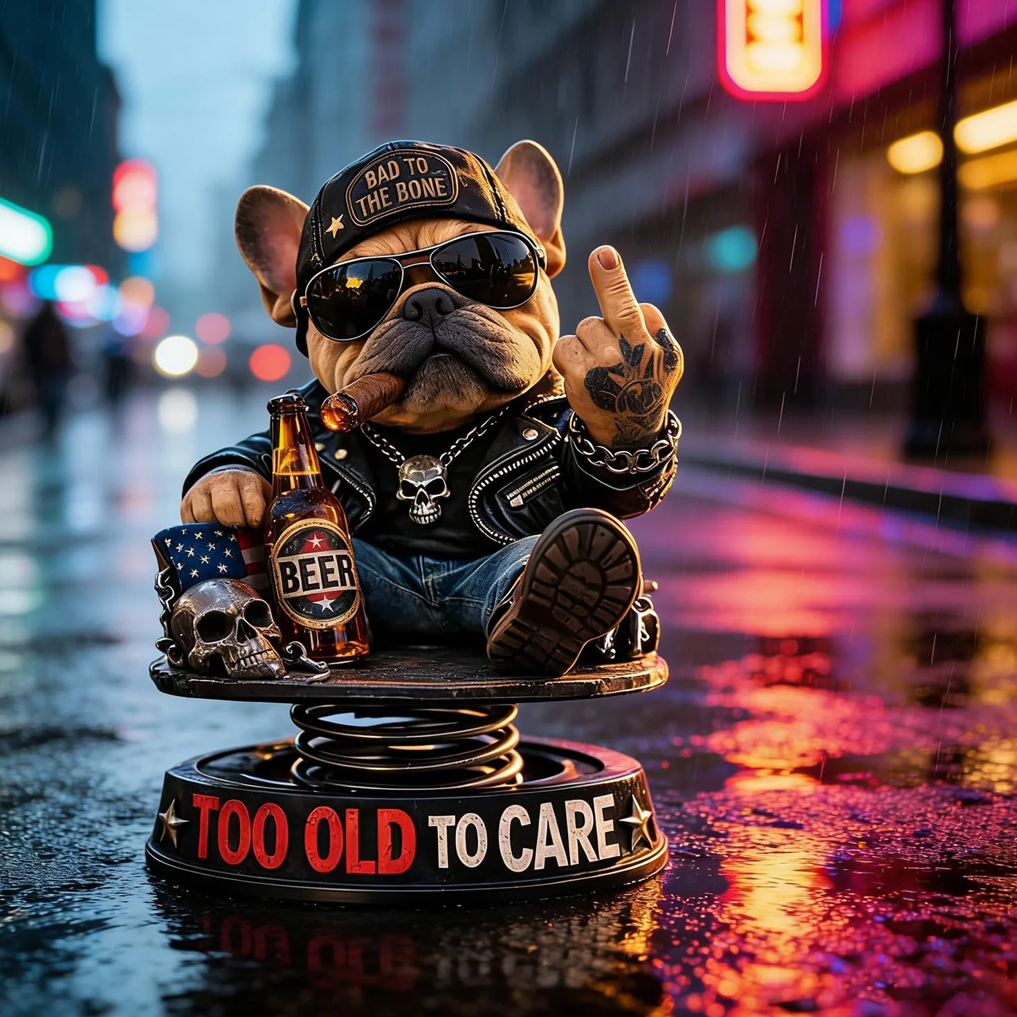 Too Old to Care Dashboard Bobblehead, dekoracja deski rozdzielczej buldog środkowy palec