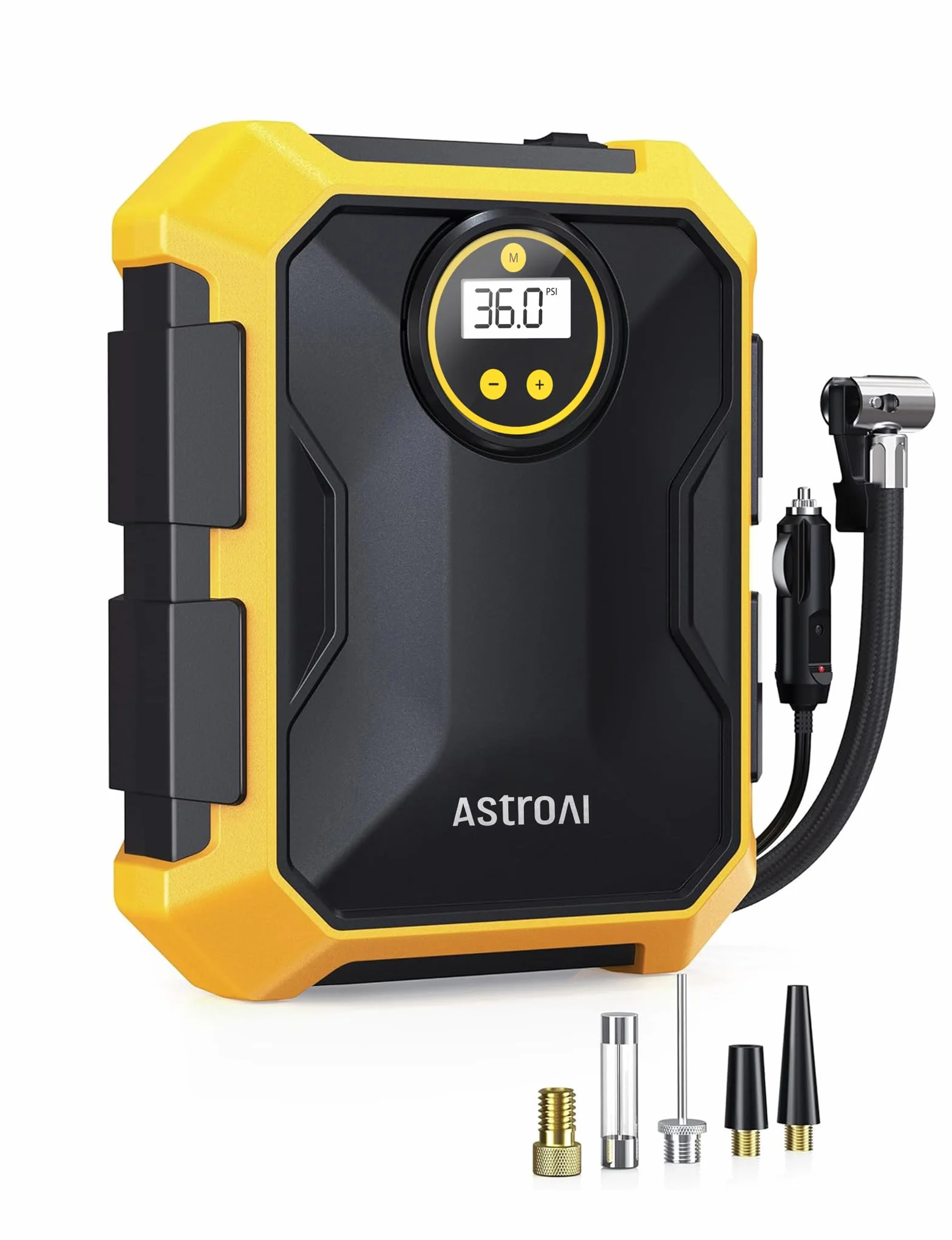 AstroAI Przenośna sprężarka powietrza 100 psi 12 V DC, elektryczna inflator do opon samochodowych, cyfrowy inflator opon samochodowych ze światłem LED, manometrem, wyświetlaczem rowerowym itp.