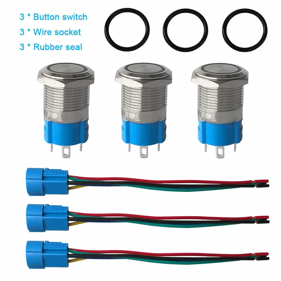 3 szt. premium 12 V/24 V 5 A chwilowy przełącznik przyciskowy, 19 mm przełącznik rozruchowy do samochodu, niebieskie światło LED ze stali nierdzewnej IP67 wodoodporny przełącznik z przewodem wtykowym