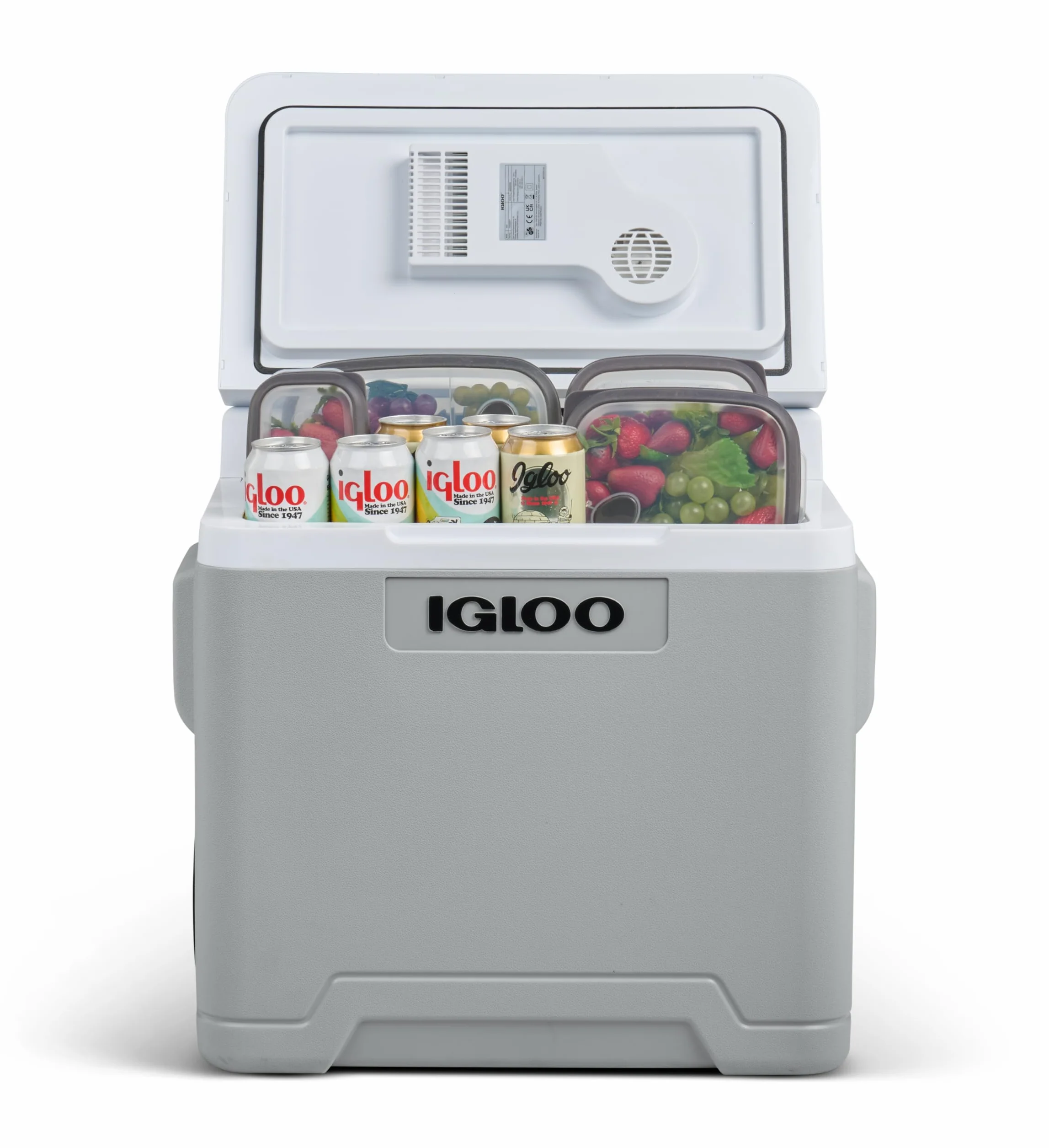 IGLOO IE42 elektryczna lodówka turystyczna 12V/230V, 42L – kompaktowa lodówka samochodowa na kemping, łódź i festiwale, z kółkami i teleskopowym uchwytem, schowkiem na kabel oraz trybem Eco/Max
