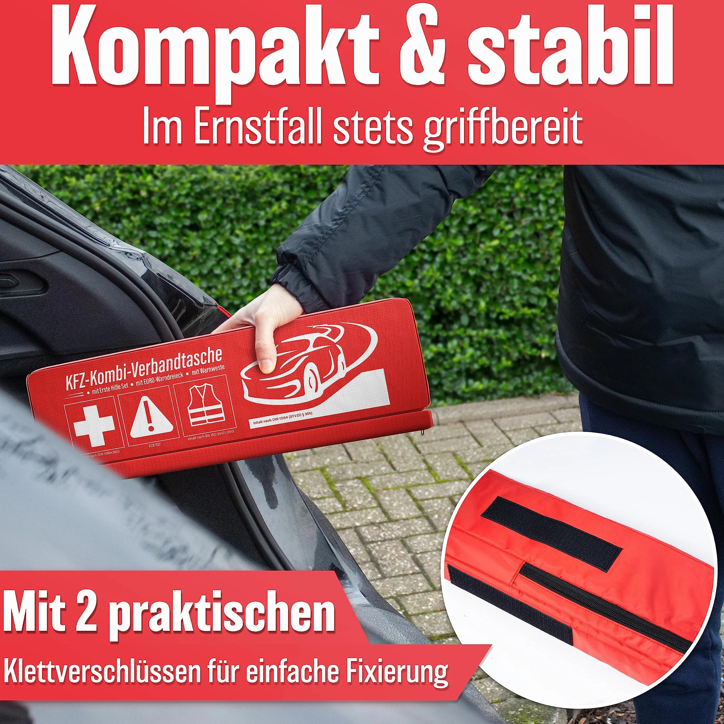 HELDENWERK Zestaw pierwszej pomocy kombi (3 w 1) zgodnie z aktualną normą 2026 – W zestawie trójkąt ostrzegawczy, kamizelka odblaskowa – Zestaw pierwszej pomocy, trójkąt ostrzegawczy, apteczka