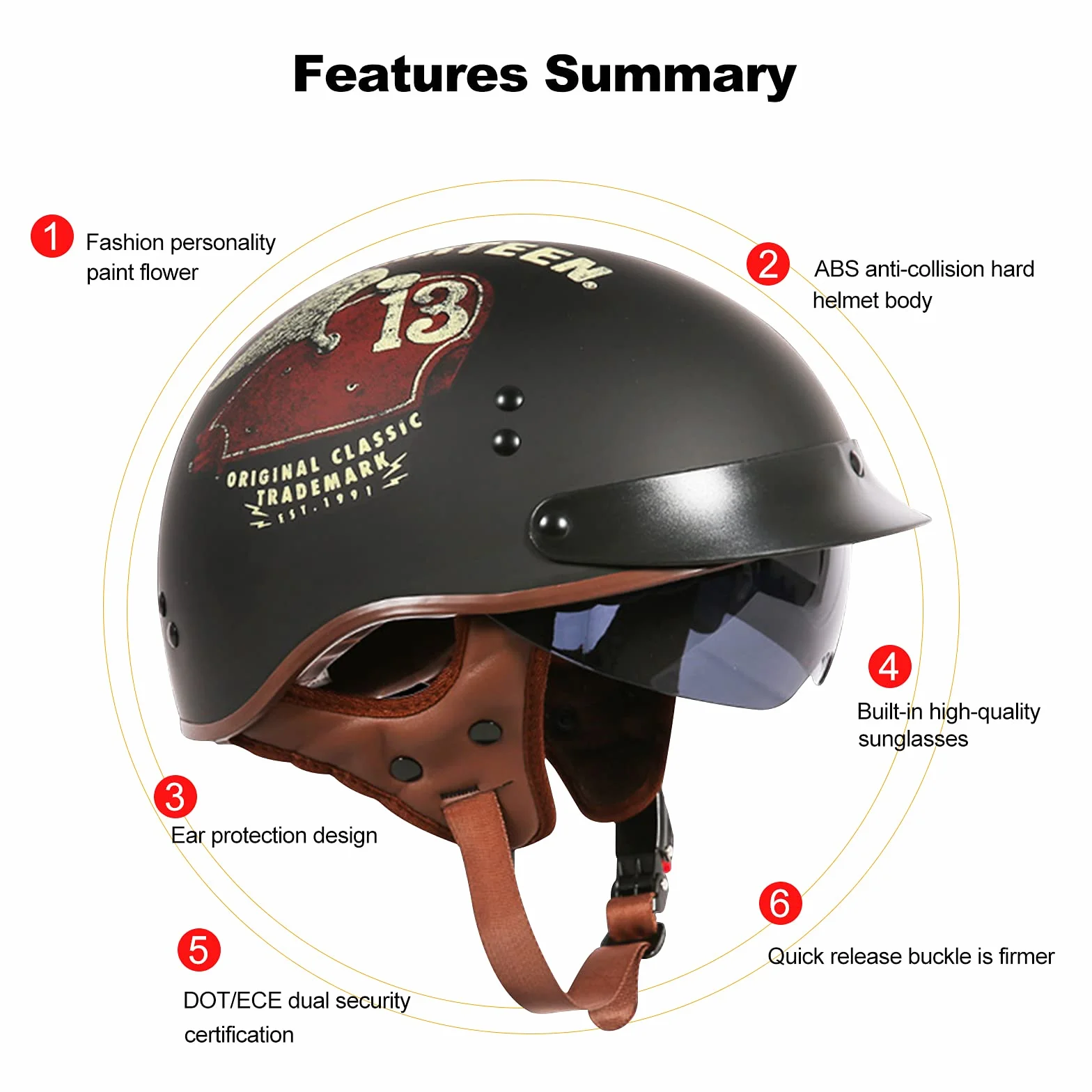 Kask motocyklowy z goglami ochronnymi, dopuszczony do użytku przez DOT/ECE, kask na skuter, motorower, chopper, vintage