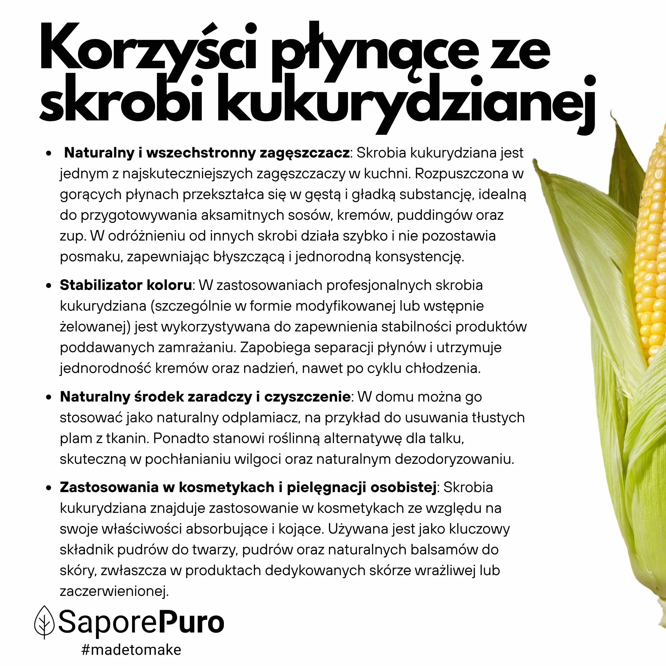SaporePuro Naturalna Skrobia Kukurydziana 500 g – Naturalny Zagęstnik do Deserów, Kremów i Sosów – Bezglutenowy i Wegański