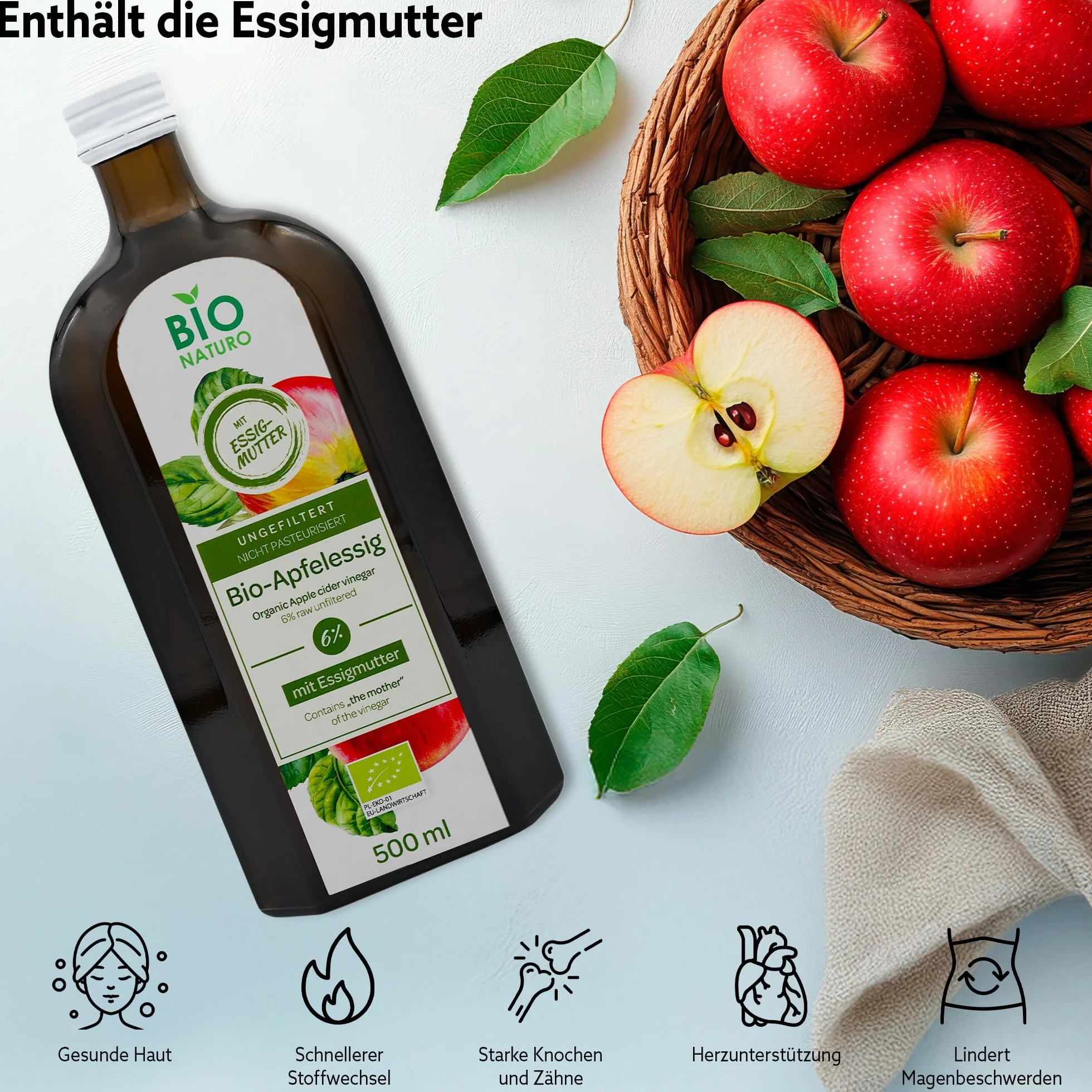 BIONATURO Organiczny ocet jabłkowy 6% 500ml - Ocet z ekologicznych Jabłek - Naturalnie mętny - Niefiltrowany, bogaty w składniki odżywcze - idealny do gotowania, diety i zdrowia - Ocet wegański