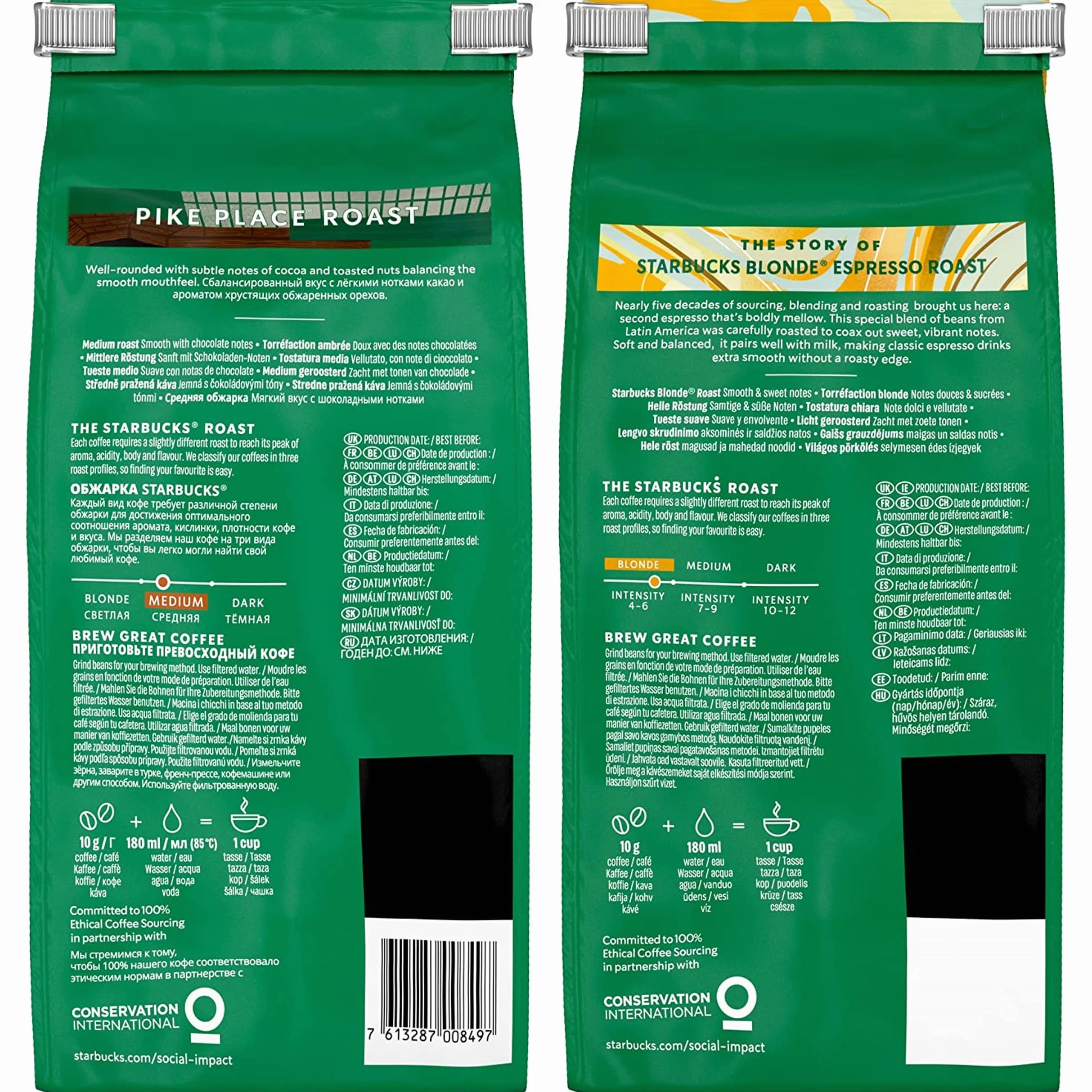 STARBUCKS Pike Place Roast, Blonde Espresso Roast Kawa Ziarnista 450g (4 sztuk w zestawie)