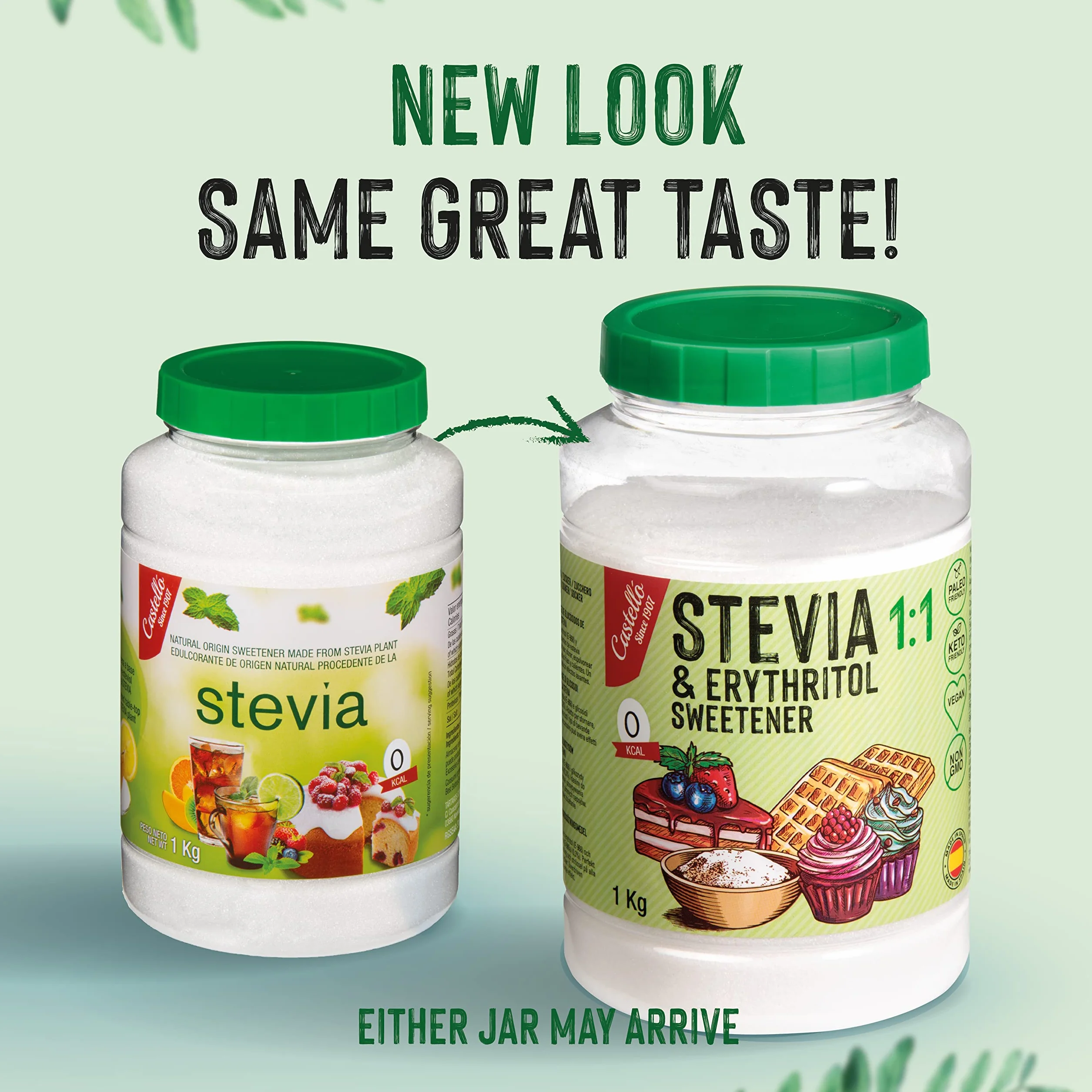 Słodzik Stevia + Erytrytol 1:1 | 1g = 1g cukru | Słodzik o 100% naturalnym smaku - 0 Kalorii - 0 Indeks Glikemiczny - Keto i Paleo - 0 Węglowodanów Netto - Bez GMO - Castello since 1907-1 kg