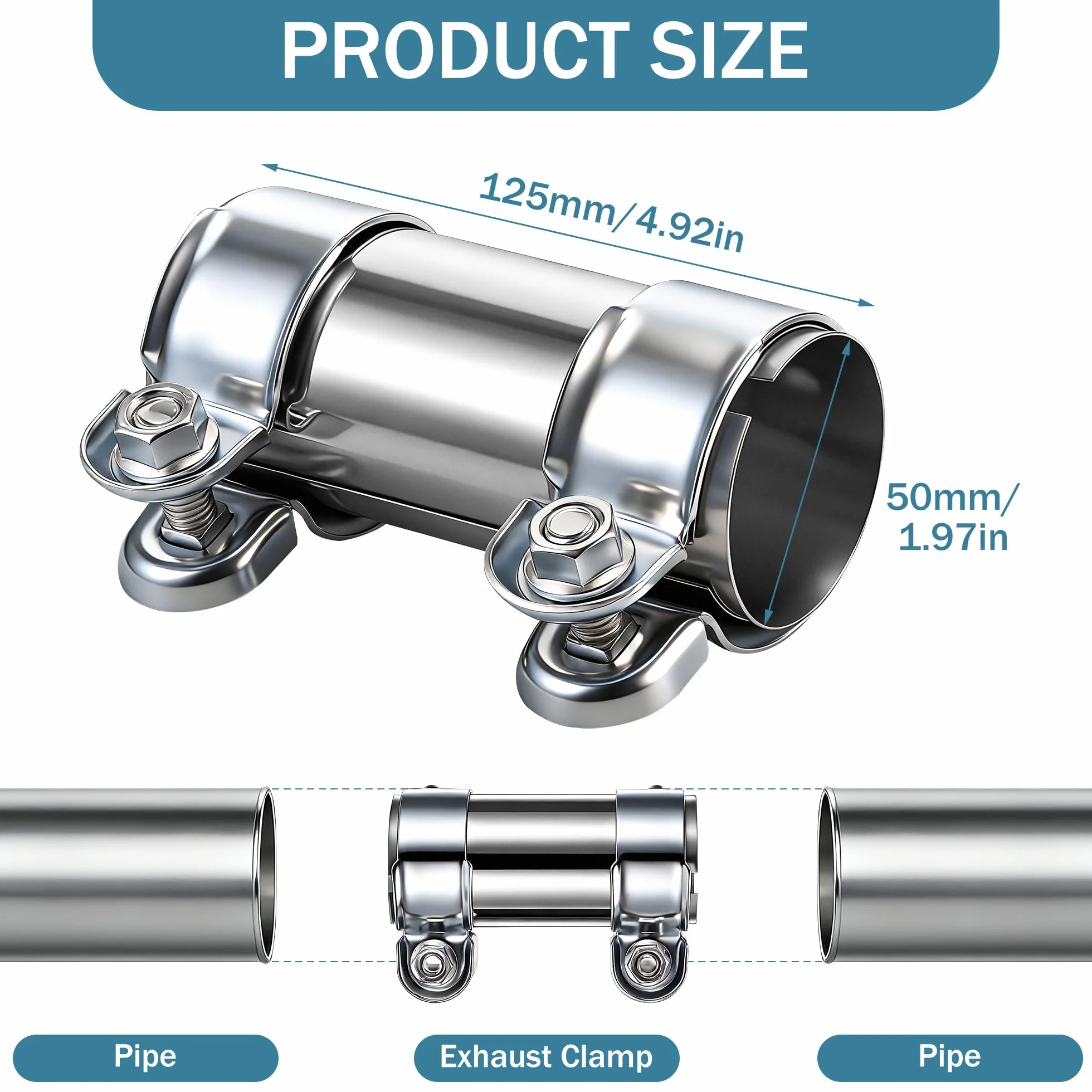Zacisk rury wydechowej 55 mm L125 mm ze stali nierdzewnej uniwersalny podwójny