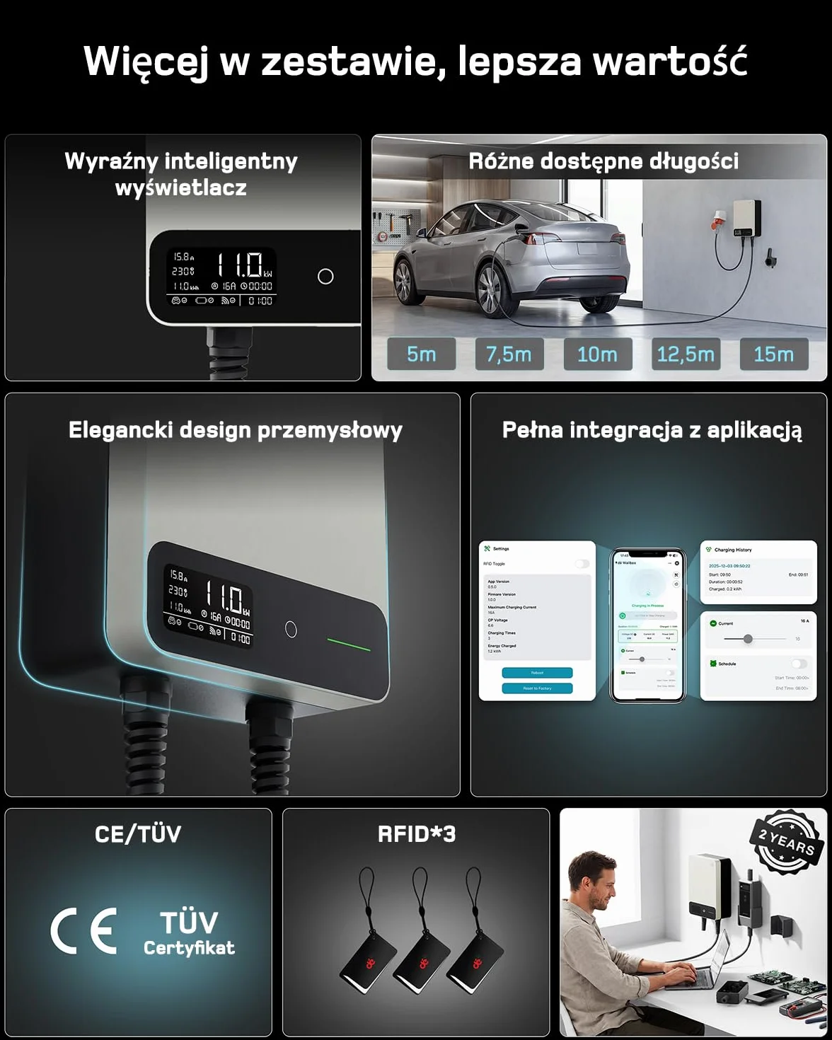 dé Skrzynka ścienna typu 2, 11 kW, z aplikacją i RFID, 6-16 A, 3-fazowa ładowarka EV, 400 V z kablem do ładowania 7 m i uchwytem na kabel do ochrony BEV/PHEV, RCD typu B i IP54, wydajna stacja