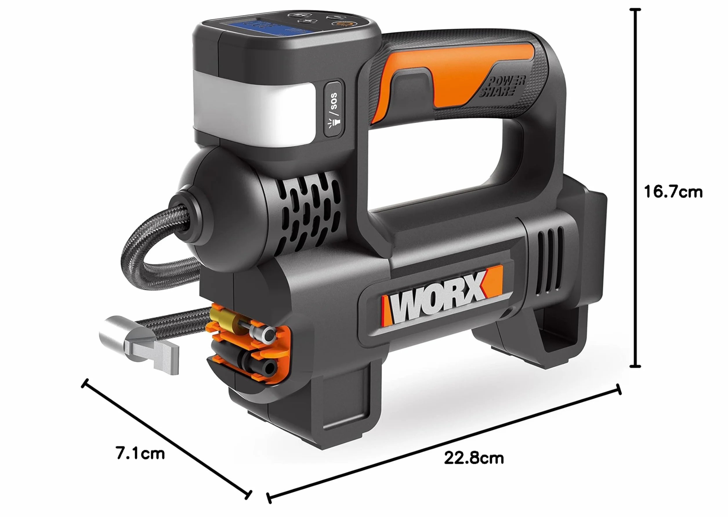 WORX WX092.9 Akumulatorowa Wielofunkcyjna Pompka Powietrza, 4 w 1, Pompka do Opon i Regulacja Ciśnienia, Światło Robocze i Światło Awaryjne SOS, Maks. Ciśnienie 10 Bar, bez Akumulatora i Ładowarki