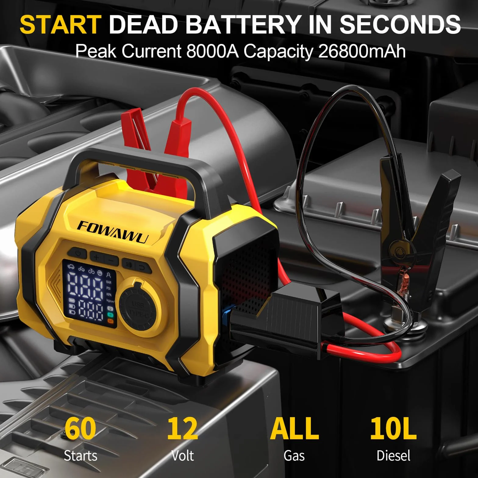 The FOWAWU 8000 A Powerbank combines the functions of an air compressor and a car jump starter, capable of reaching pressures of up to 150 PSI