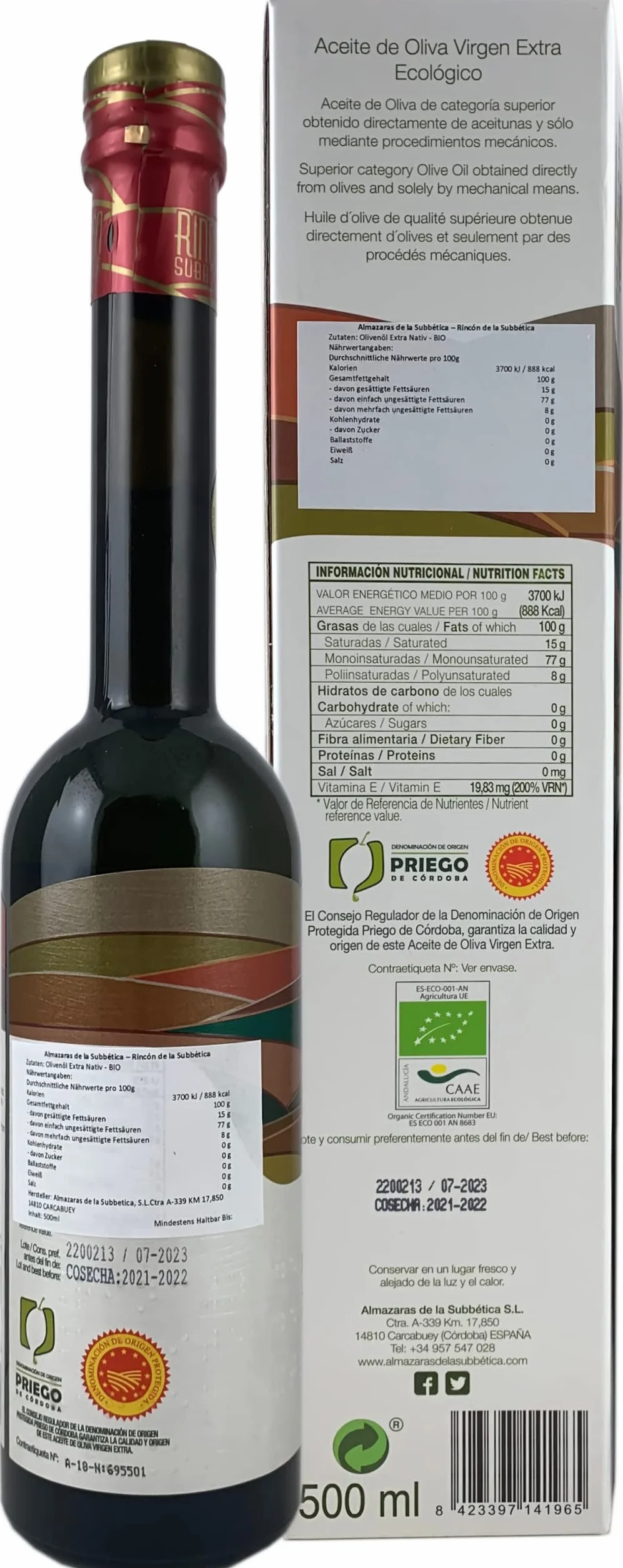 Rincon De La Subbetica bio oliwa z oliwek AOC – zwycięzca Mistrzostw Świata 2012, 2015, 2016 WBOO – 500 ml