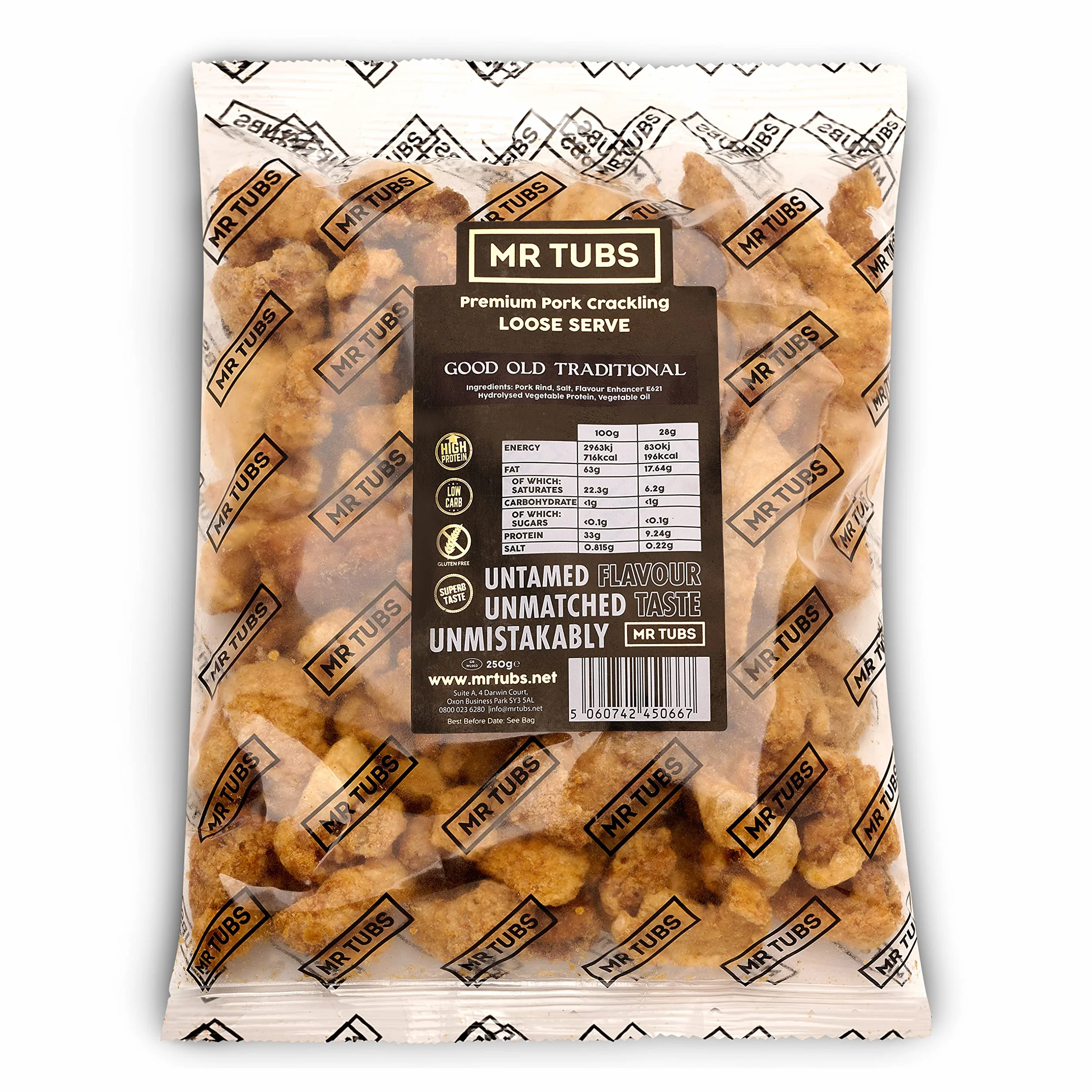 Mr Tubs Pork Crackling Worek zbiorczy 250 g Premium bezglutenowy przyjazny keto