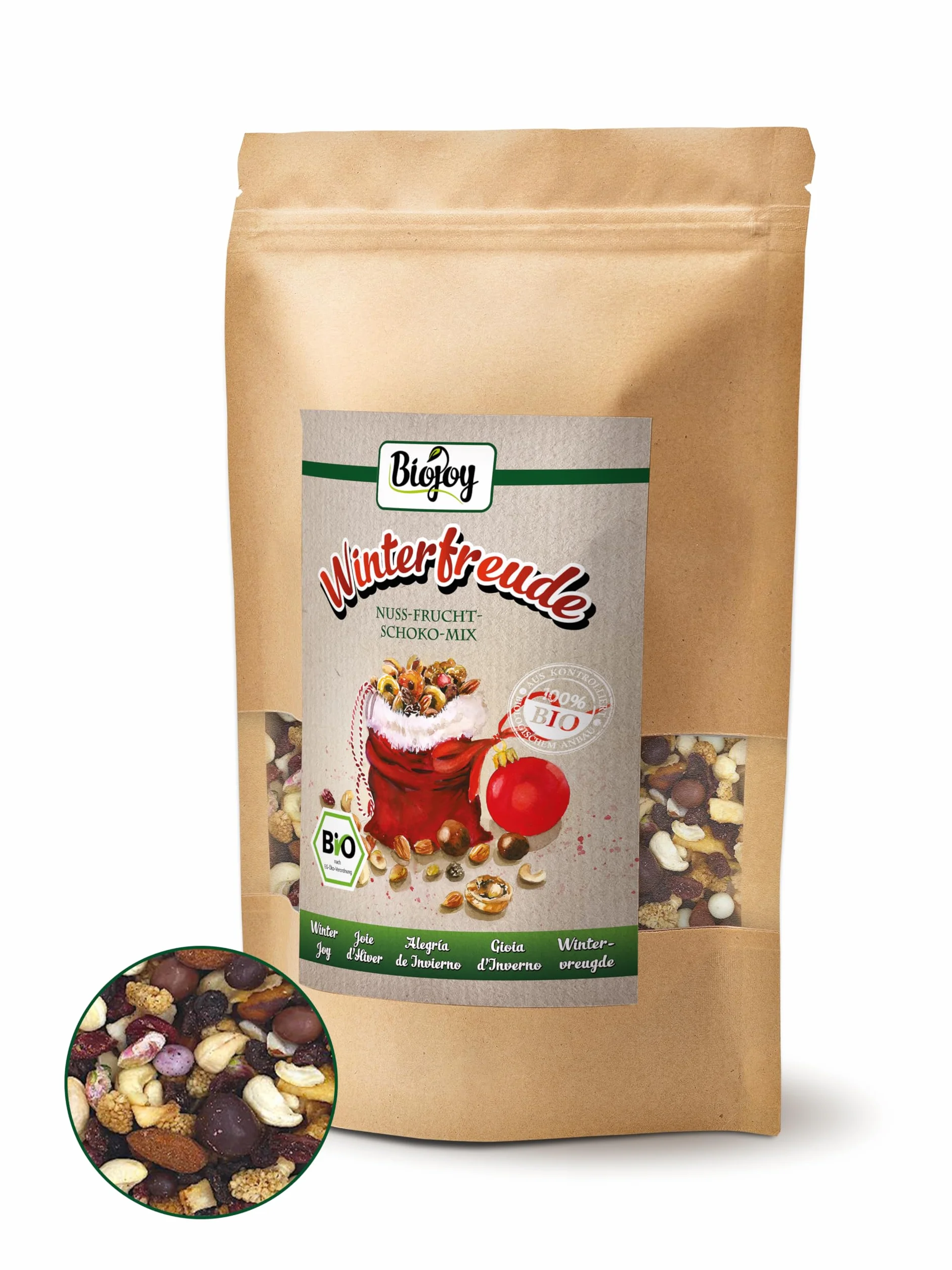 Biojoy Organiczna Zimowa Radość – mieszanka orzechowo-owocowa (500 g) z rodzynkami, orzechami nerkowca, migdałami i liofilizowanymi jagodami w trzech rodzajach czekolady