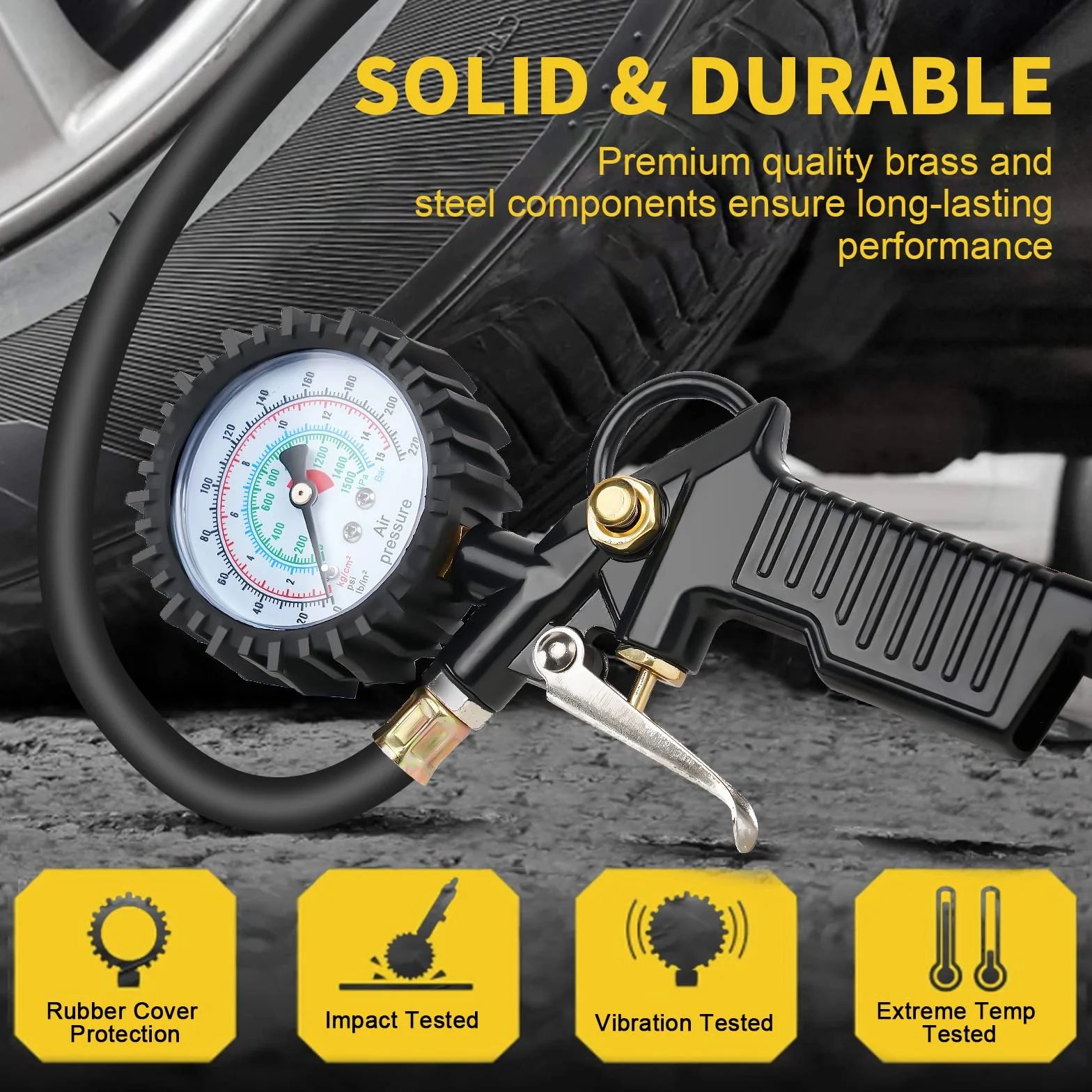 Manometr do opon, 220 PSI, pompka do opon z gumowym wężem, narzędzie rdzeniowe zaworu, akcesoria do sprężarek, adapter, nadaje się do sprężarki, samochodu, motocykla, roweru, ciężarówki