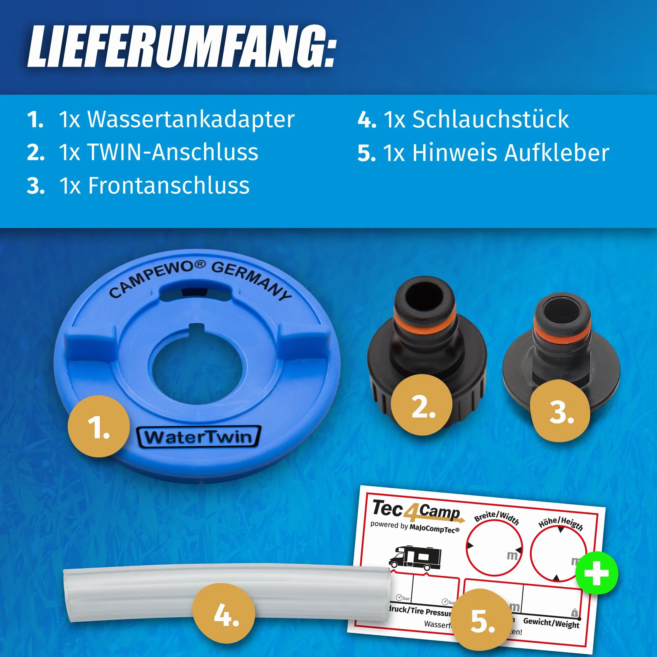 MaJoCompTec WATERTWIN adapter do napełniania wodą, adapter do zbiornika kompatybilny z przyłączem Gardena, akcesoria do pokrywy wlewu paliwa, do przyczep kempingowych, króćców napełniania (adapter 3