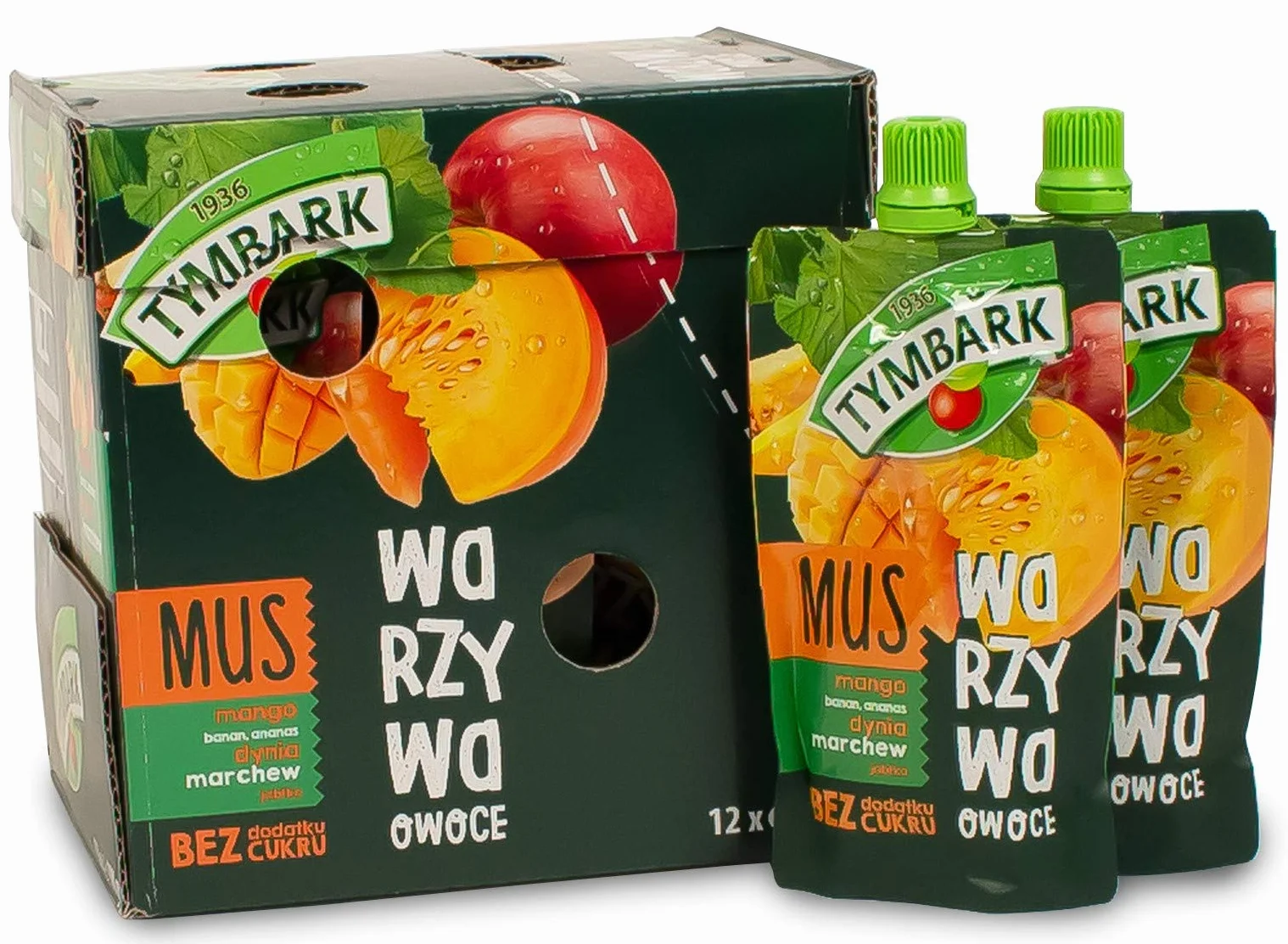 Tymbark Mus Owocowo-Warzywny Mango-Banan-Ananas-Dynia-Marchew-Jabłko Bez Cukru Z Witaminą C 100g x 12 szt