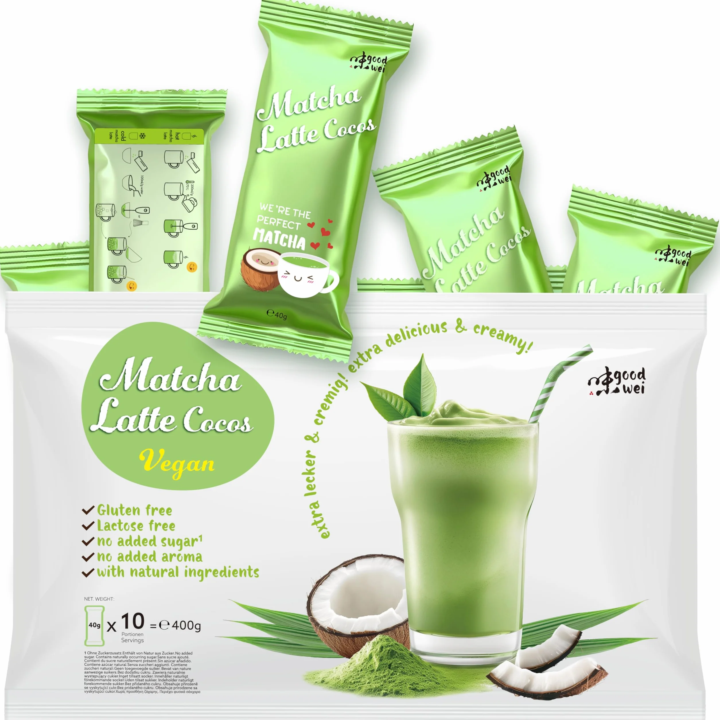 Matcha Cocos Latte Mix – Bez dodatku cukru | Matcha & Egzotyczny Kokos | Lekko słodzone stewią | Saszetki porcjowane 10x40g | Naturalne i kremowe latte (400g)