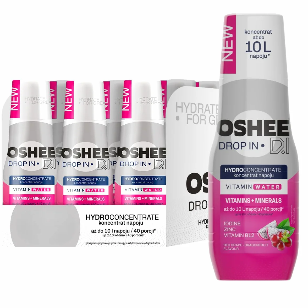 OSHEE DROP IN - Zestaw 9 x Hydrokoncentrat 500 ml - Czerwone Winogrono i Smoczy Owoc - Witaminy i Minerały - Bez Sztucznych Dodatków - Do 10 L Napoju