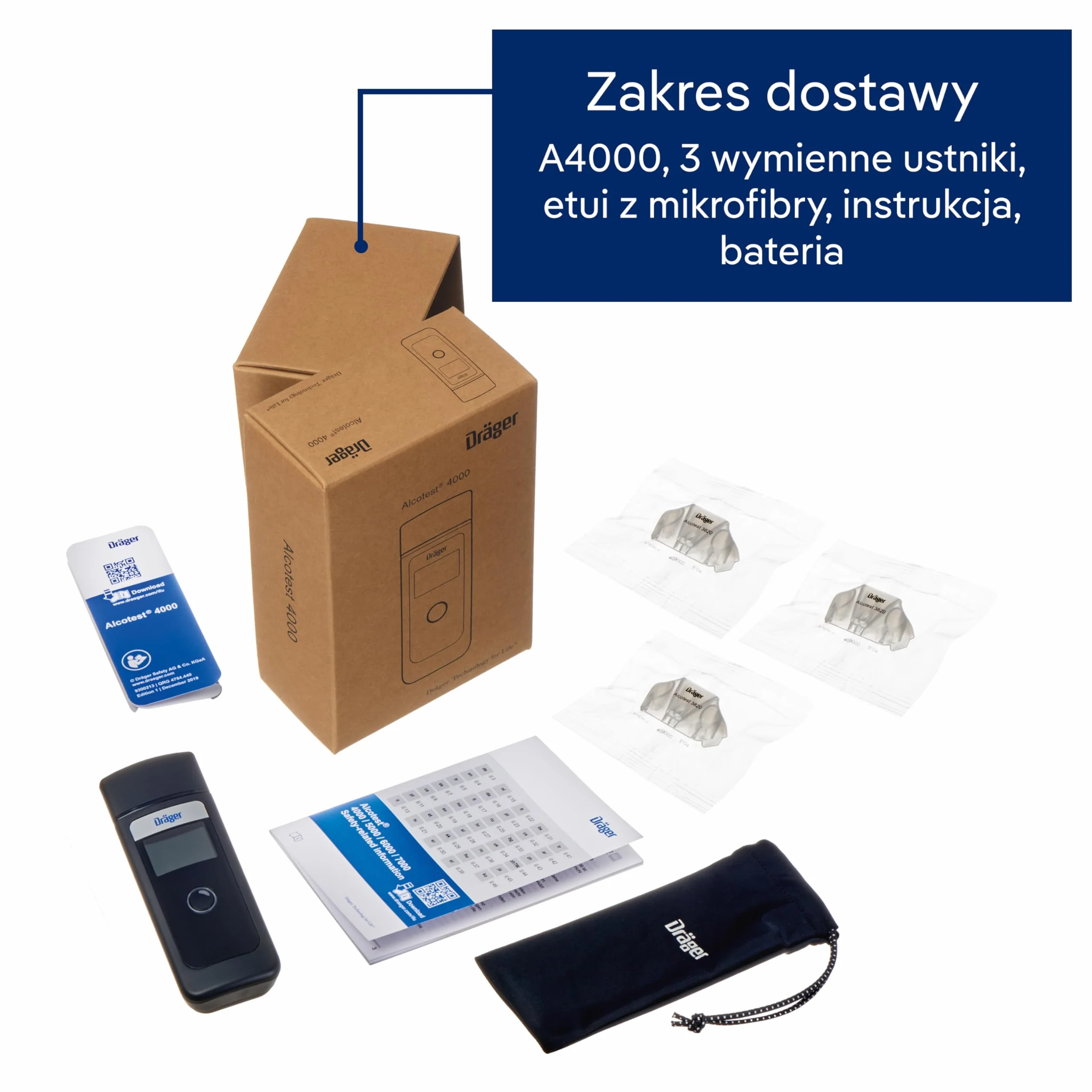 Alkomat Dräger Alcotest 4000 | przenośny alkomat i tester alkoholu | cyfrowy alkomat klasy policyjnej i dokładności dowodowej | ustniki wielokrotnego użytku | osobiste, zastosowanie zawodowe, zastosowanie podczas podróży