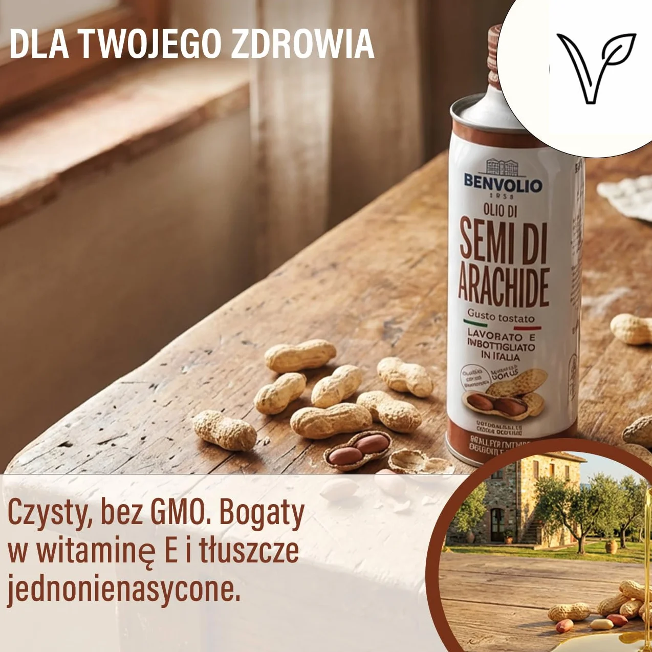 Benvolio 1938 Olej Arachidowy 100% Włoski, do Smażenia i Głębokiego Tłuszczu, Wysoki Punkt Dymienia, Neutralny Smak, Bezglutenowy, 750g