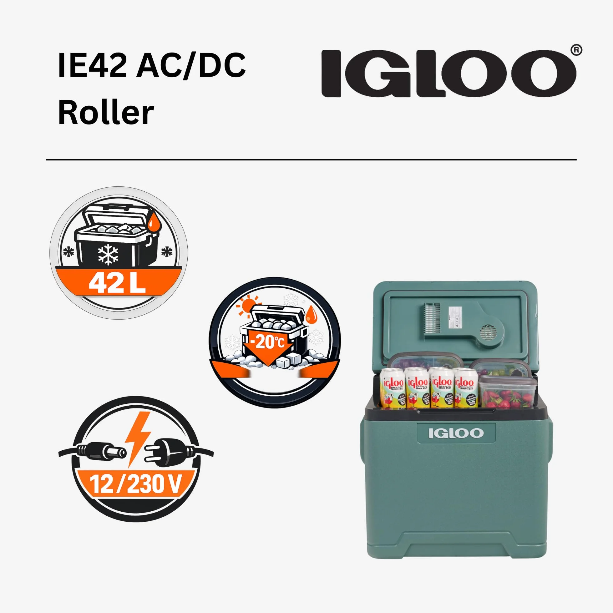 IGLOO IE42 elektryczna lodówka 42L – 12/230V – Termoelektryczna lodówka z kółkami i uchwytem teleskopowym do auta, kampera, kempingu i ciężarówki – Chłodzi do 20 °C poniżej temperatury otoczenia