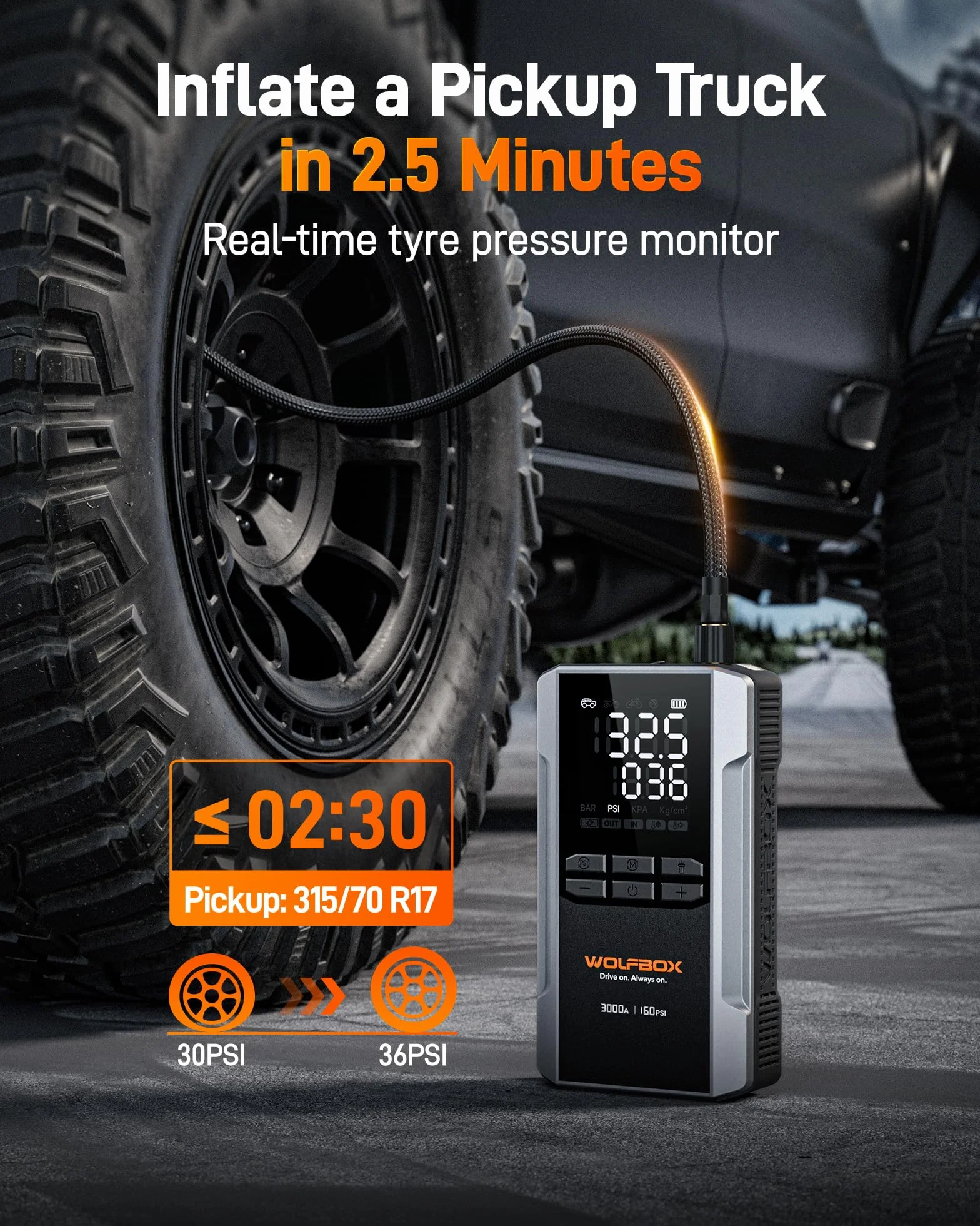 WOLFBOX Rozrusznik skokowy 3000 A 16000 mAh 160 PSI 65 W 12 V z sprężarką powietrza