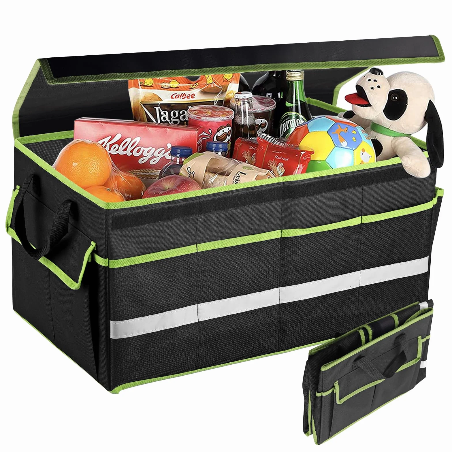 EYPINS Organizer do bagażnika z pokrywką, składany, wodoodporny organizer do bagażnika z wieloma przegródkami, odblaskowe paski, 55 x 32,5 x 28 cm