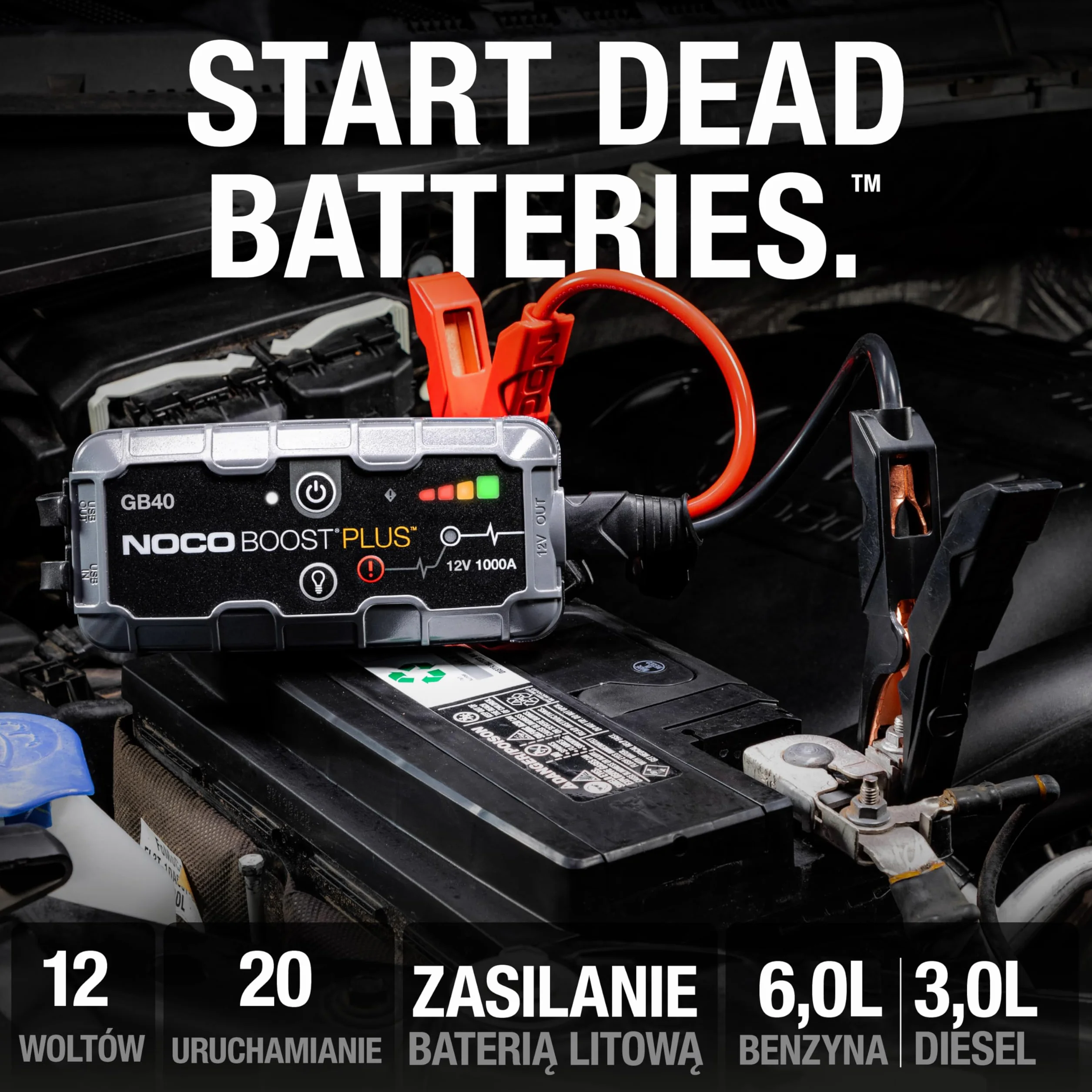 NOCO Boost Plus GB40 1000A 12V UltraSafe litowy urządzenie rozruchowe, booster do akumulatora I kable rozruchowe do 6,0-litrowych silników benzynowych i 3,0-litrowych silników wysokoprężnych