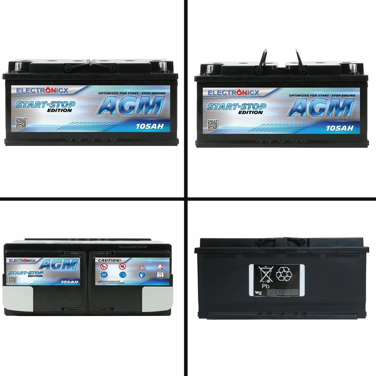 Electronicx AGM akumulator samochodowy 105Ah 12V – 950A EN akumulator rozruchowy, 105 Ah AGM, bezobsługowy, kompaktowy, wydajny – idealny do samochodów osobowych, SUV-ów i pojazdów użytkowych