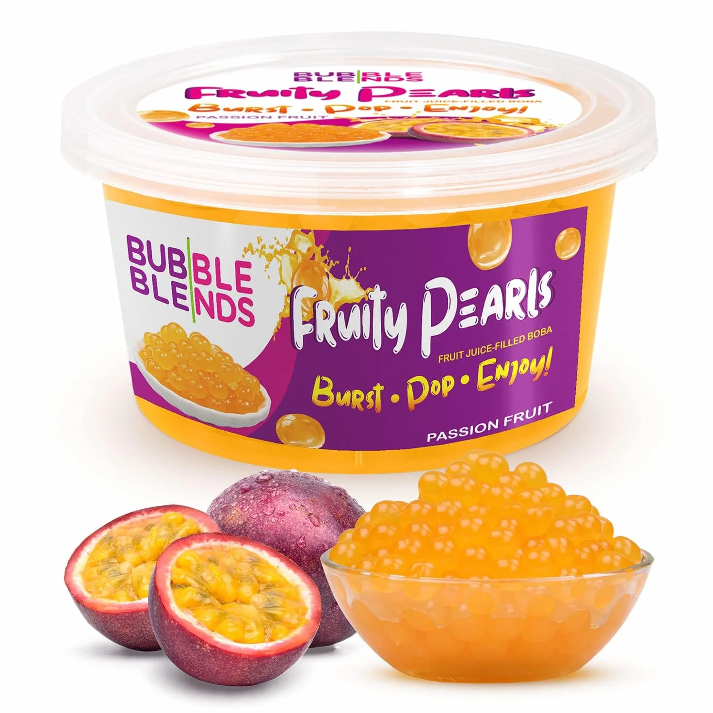 Bubble Blends Passion Fruit Popping Boba (450G) - Boba Balls with Real Fruit Juice - 100% Fat - Free Bubble Tea Pearls for Bubble Tea Drink Sinkers or Dessert Toppings EXP 25/02/2025