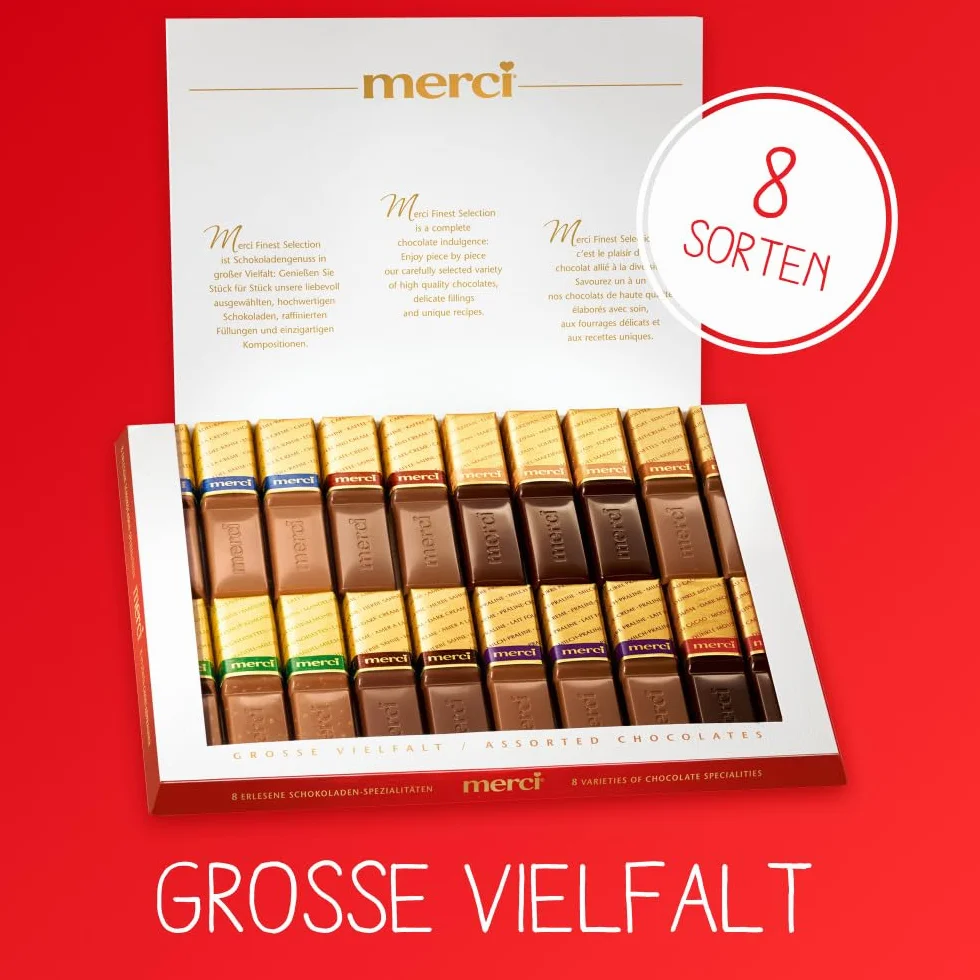 Merci Finest Selection Pudełko czekoladek (1 x 250 g), wiele smaków, idealne do podarowania, 8 specjałów czekoladowych, nadziewane i bez nadzienia, bez glutenu