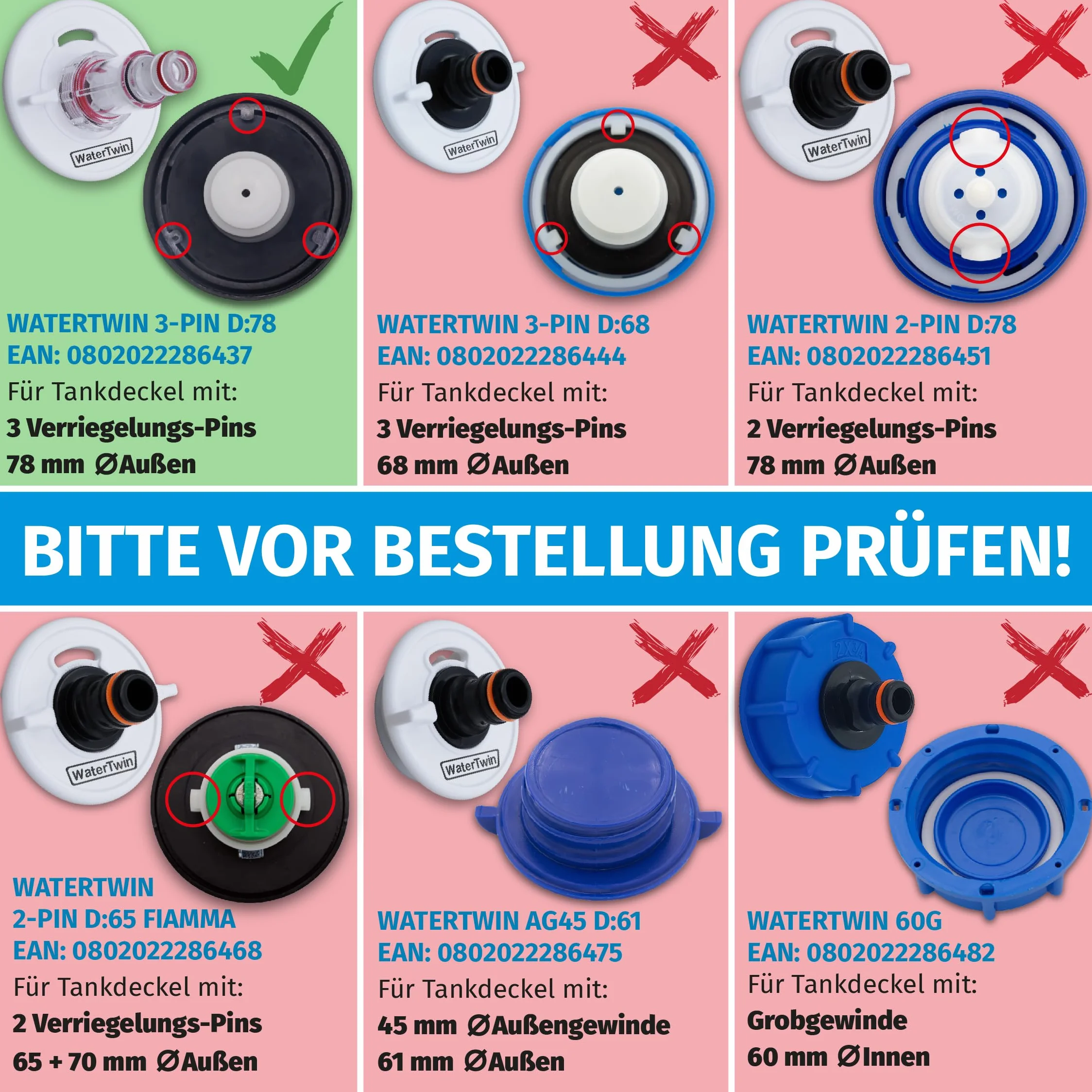 MaJoCompTec WATERTWIN Pokrywa wlewu paliwa z przyłączem wody, przyłącze do króćca wlewu wody, akcesoria do przyczep kempingowych wersja PRO + filtr + zawór adapter 3-pinowy D:78