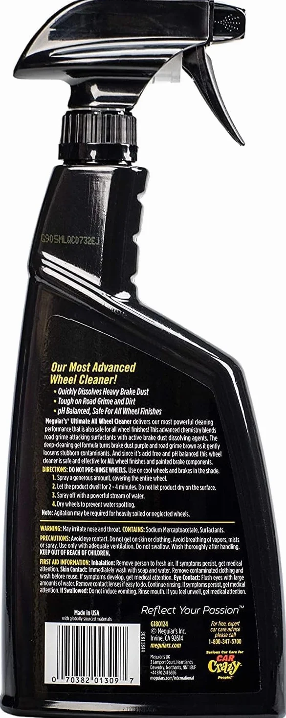 Meguiar's G180124EU Ultimate All Wheel Cleaner środek do czyszczenia felg, czyści wszystkie powierzchnie felg, usuwa kurz z hamulców i brud, neutralny pH, 709 ml