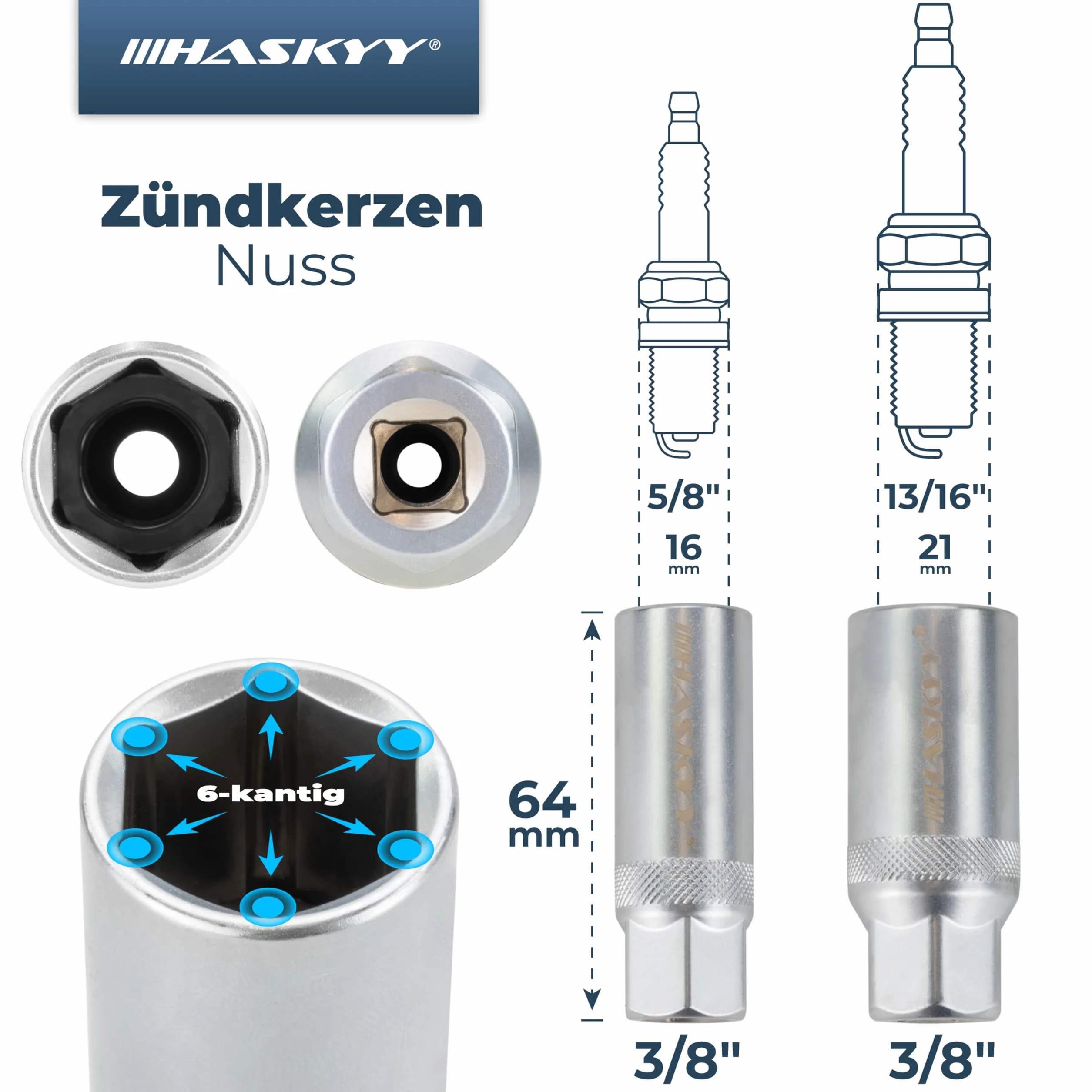 HASKYY Zestaw nasadek nasadowych 1/4 3/8 1/2 cala z grzechotką, przedłużacz, adapter, przegub kardanowy, świece zapłonowe, zestaw elementów łączących do samochodów i przemysłu