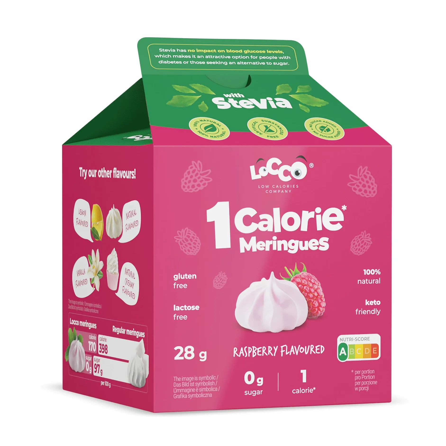 LoCCo Słodkie Bezy Bez Cukru 1 kcal Malinowe - Niskokaloryczna Przekąska ze Stewią, Keto, Low Carb, Bogate w Białko i Błonnik, Dla Diabetyków