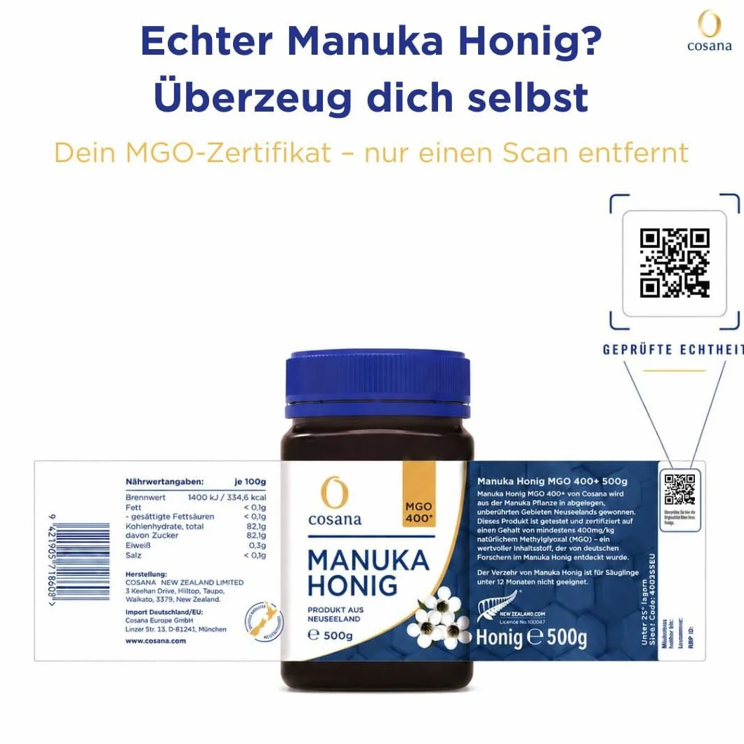 Cosana Miód Manuka 400 MGO + 250 g – 100% czysty – napełniony, zapieczętowany i certyfikowany w Nowej Zelandii