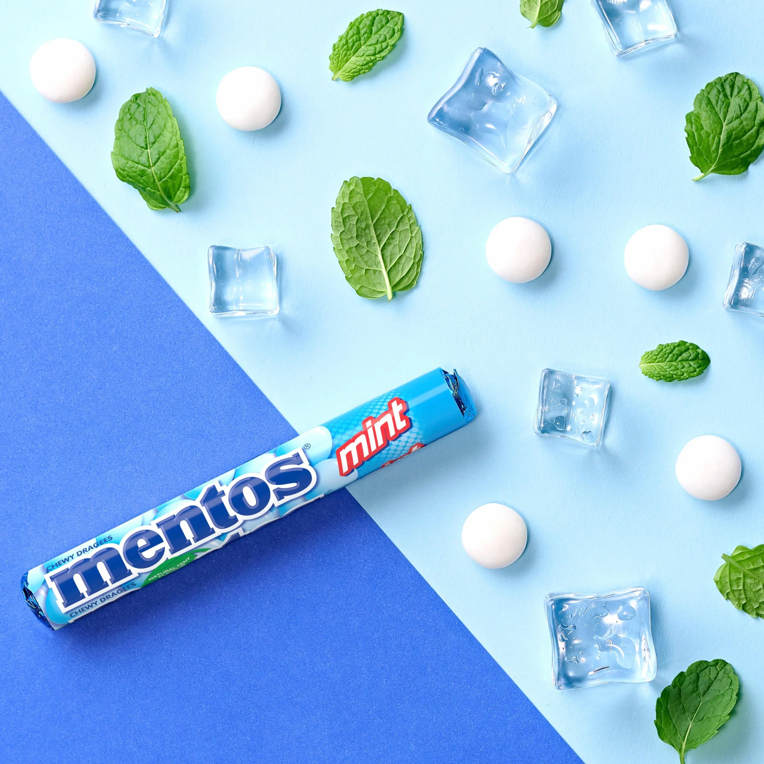 Mentos Miętowe cukierki do żucia, drażetki o smaku mięty pieprzowej dla świeżego oddechu, opakowanie zbiorcze, opakowanie na cukierki, wyświetlacz sprzedaży (40 rolek), wegańskie