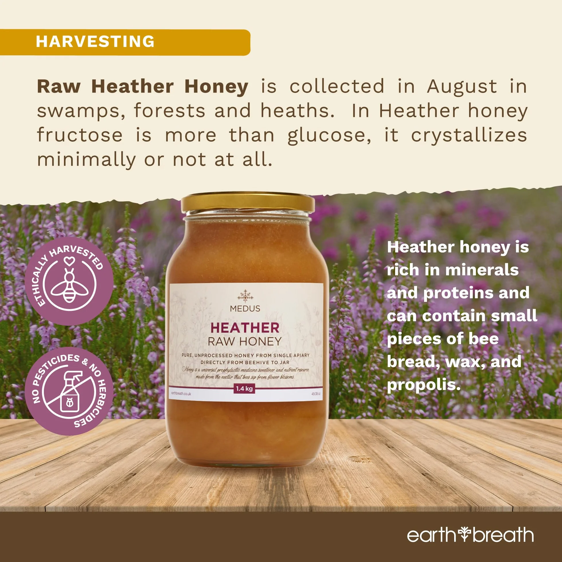 Earthbreath Wild Ling Heather Raw Honey - 1,4 kg - czysty, nieprzetworzony, niepasteryzowany - z pojedynczej pasiery, naturalny słodzik do gotowania, herbaty, soku, napojów, żywności - szklany słoik
