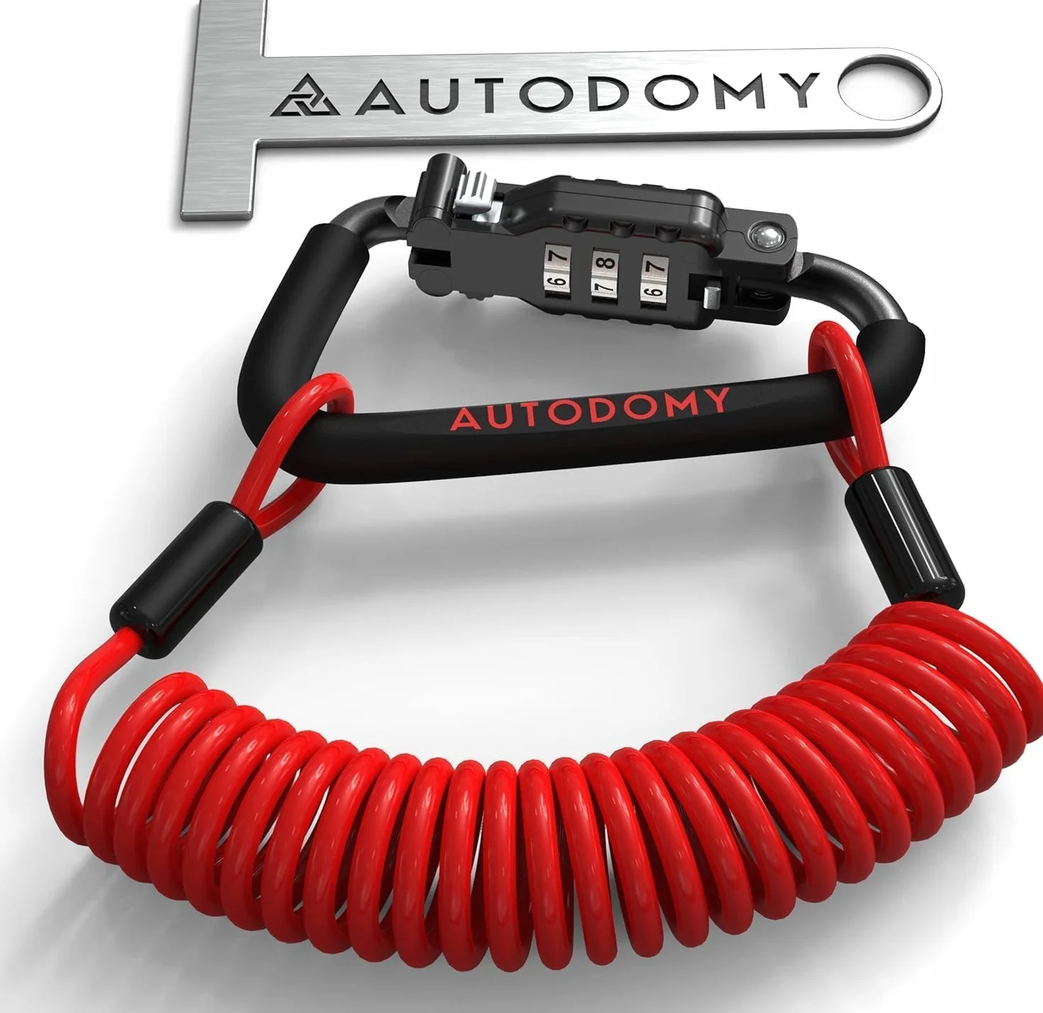 Autodomy Zamek do Kasku Motocyklowego | Zabezpieczenie Antykradzieżowe z Karabińczykiem, Kodem Bezpieczeństwa, Elastycznym Kablem Stalowym 150 cm i Adapterem T