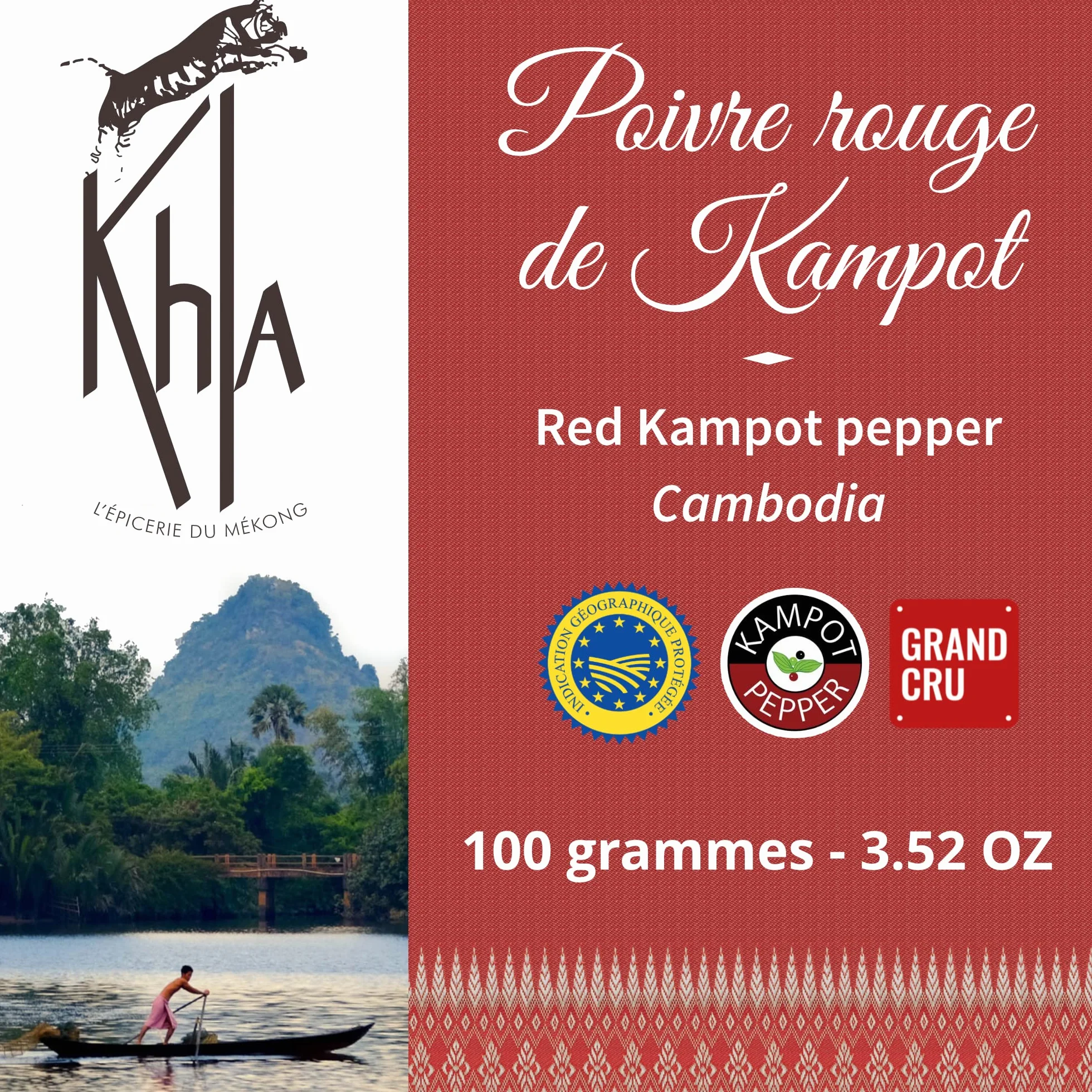 KHLA - Czerwony pieprz kampot Premium GGA - 100 g - ziarna pieprzu w woreczku - z uprawy ekologicznej - tradycyjne opakowanie w liściach palmowych
