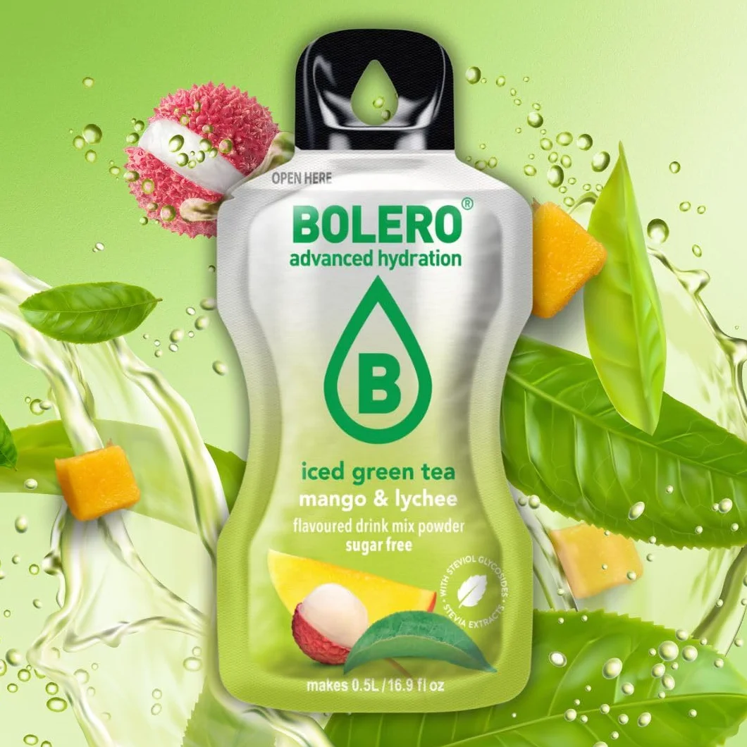 Bolero ICED GREEN TEA 24x8g | Saftpulver ohne Zucker, gesüßt mit Stevia + Vitamin C | geeignet für Kinder, Sportler und Diabetiker | glutenfrei und veganfreundlich (24x8g, MANGO & LYCHEE)