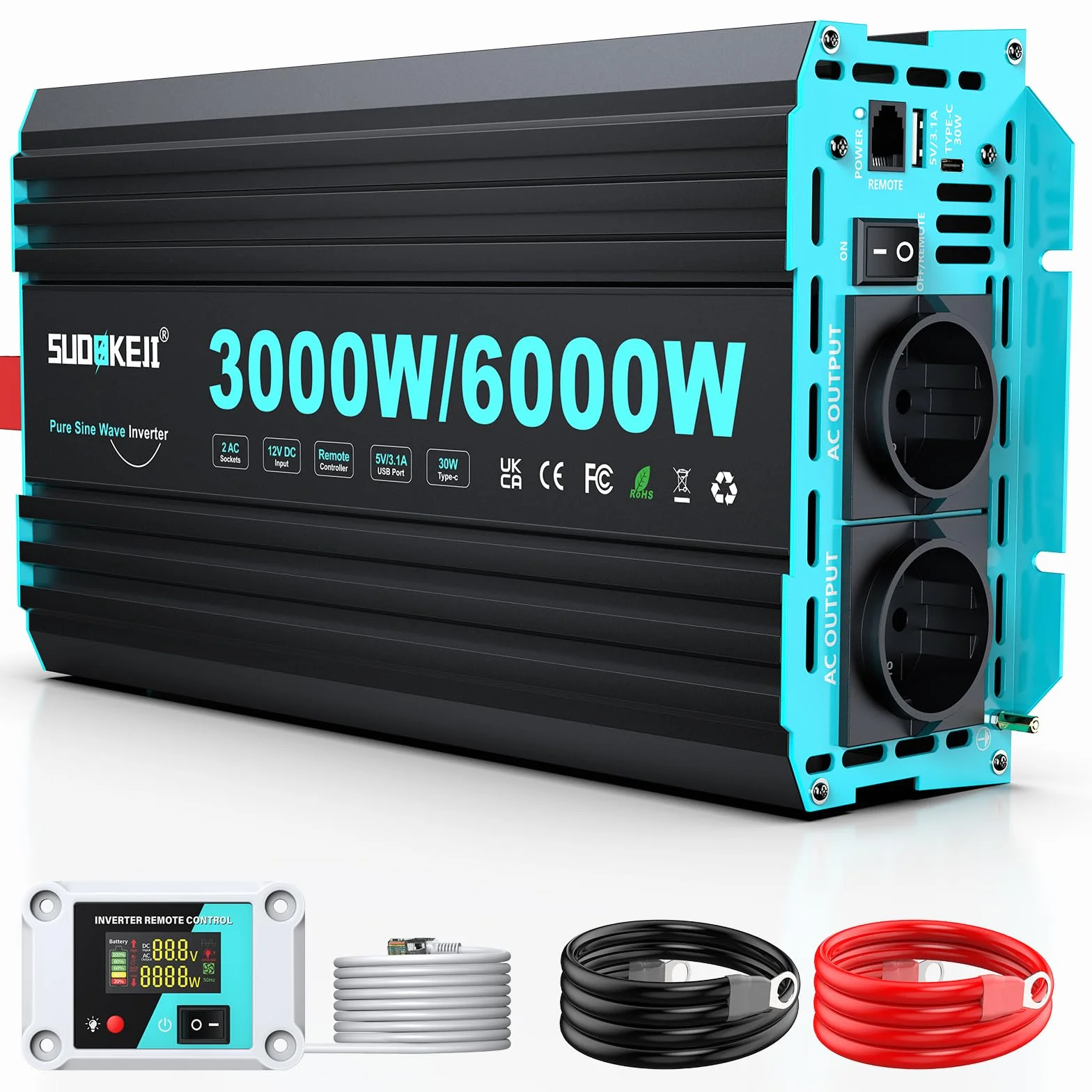 SUDOKEJI Przetwornica napięcia sinusoidalnego 3000 W/6000 W, przetwornica napięcia 12 V na 230 V, z pilotem LCD, złącza typu C i USB, 2 gniazda EU AC do solarnych, pojazdów, przyczep kempingowych