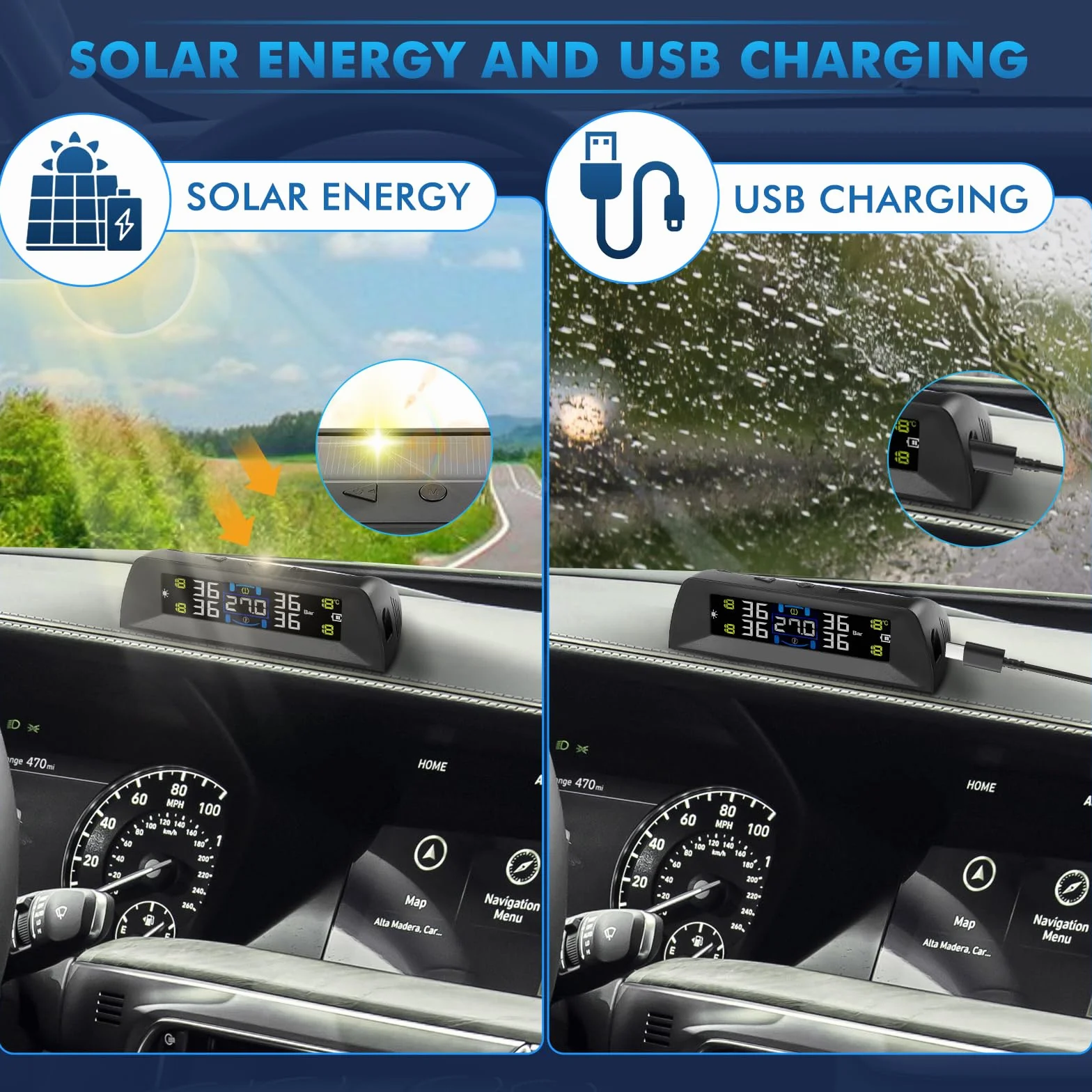 KAOLALI System monitorowania ciśnienia w oponach, TPMS z monitorowaniem temperatury w samochodzie, ładowarka solarna i USB, 4 zewnętrzne czujniki opon, automatyczne włączanie/wyłączanie, do kampera