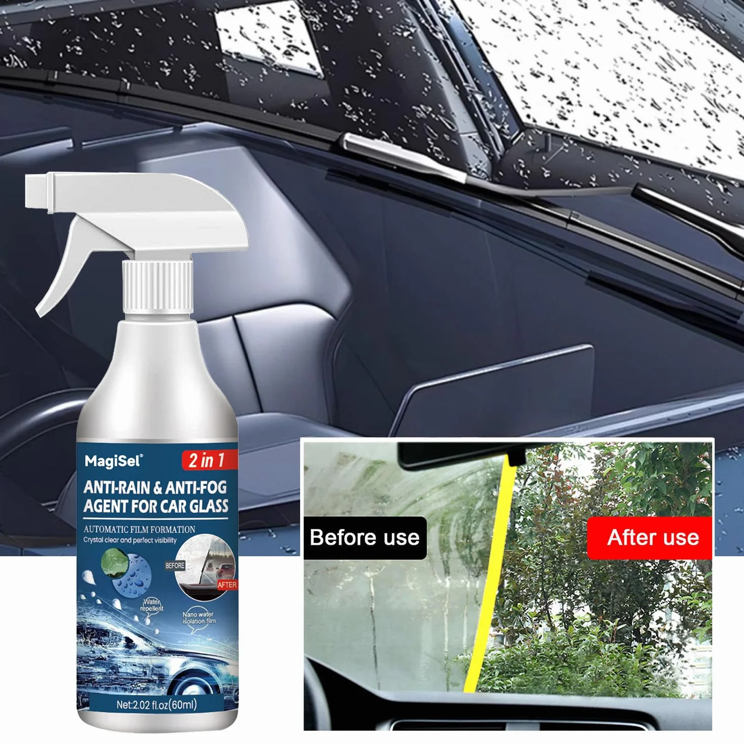 Środek przeciwmgielny, spray przeciwmgielny, spray do szyby przedniej samochodu, 60 ml środek przeciwmgielny odpychający wodę, środek chroniący przed deszczem do szyb przednich i lusterek, formuła 2-w