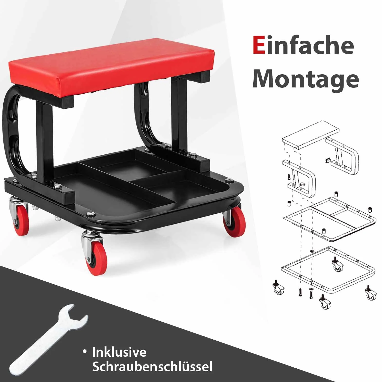 COSTWAY Taboret warsztatowy na kółkach, warsztatowy taboret na kółkach 150 kg udźwig, taboret roboczy z półką i miękką podkładką na siedzisko, taboret na kółkach, taboret montażowy do narzędzi, 38 x